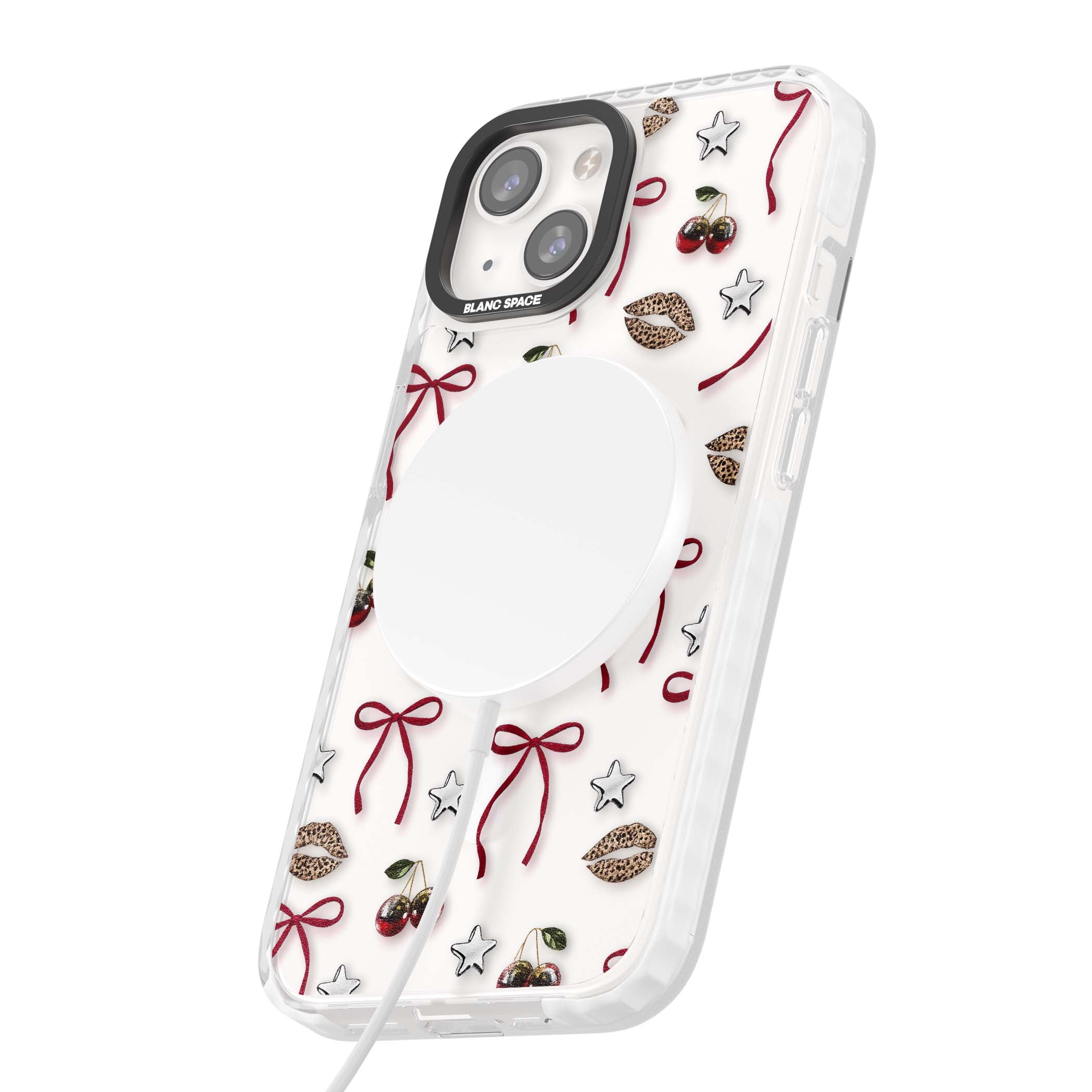 Starlet coquette iPhone case featuring red ribbon bows, disco cherries and leopard-print lips | Impact Magsafe case for iPhone 13, iPhone 14, iPhone 15