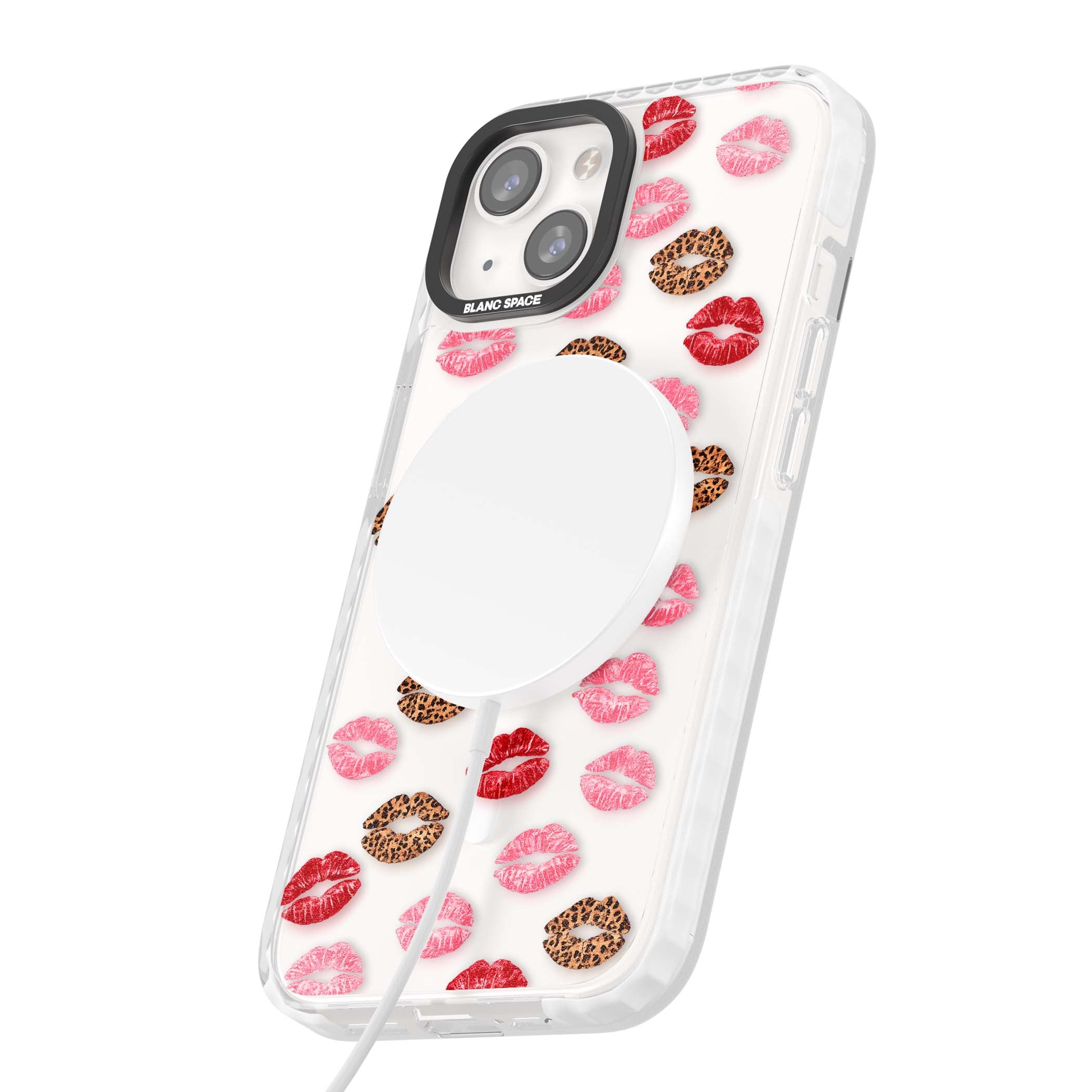 Wild Kisses coquette iPhone case featuring red, pink and leopard print lipstick kiss marks on a clear background | Impact Magsafe case for iPhone 13, iPhone 14, iPhone 15