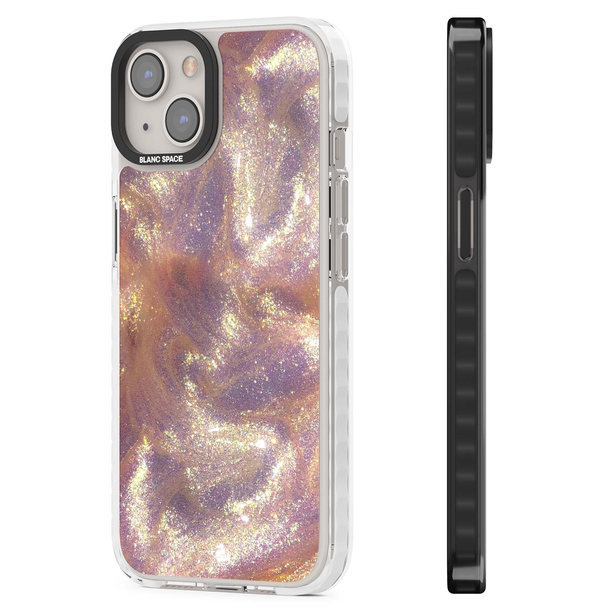 Shimmer marble iPhone case featuring rose gold glitter swirls, lilac shimmer and iridescent pearl finish | Impact Magsafe case for iPhone 13, iPhone 14, iPhone 15