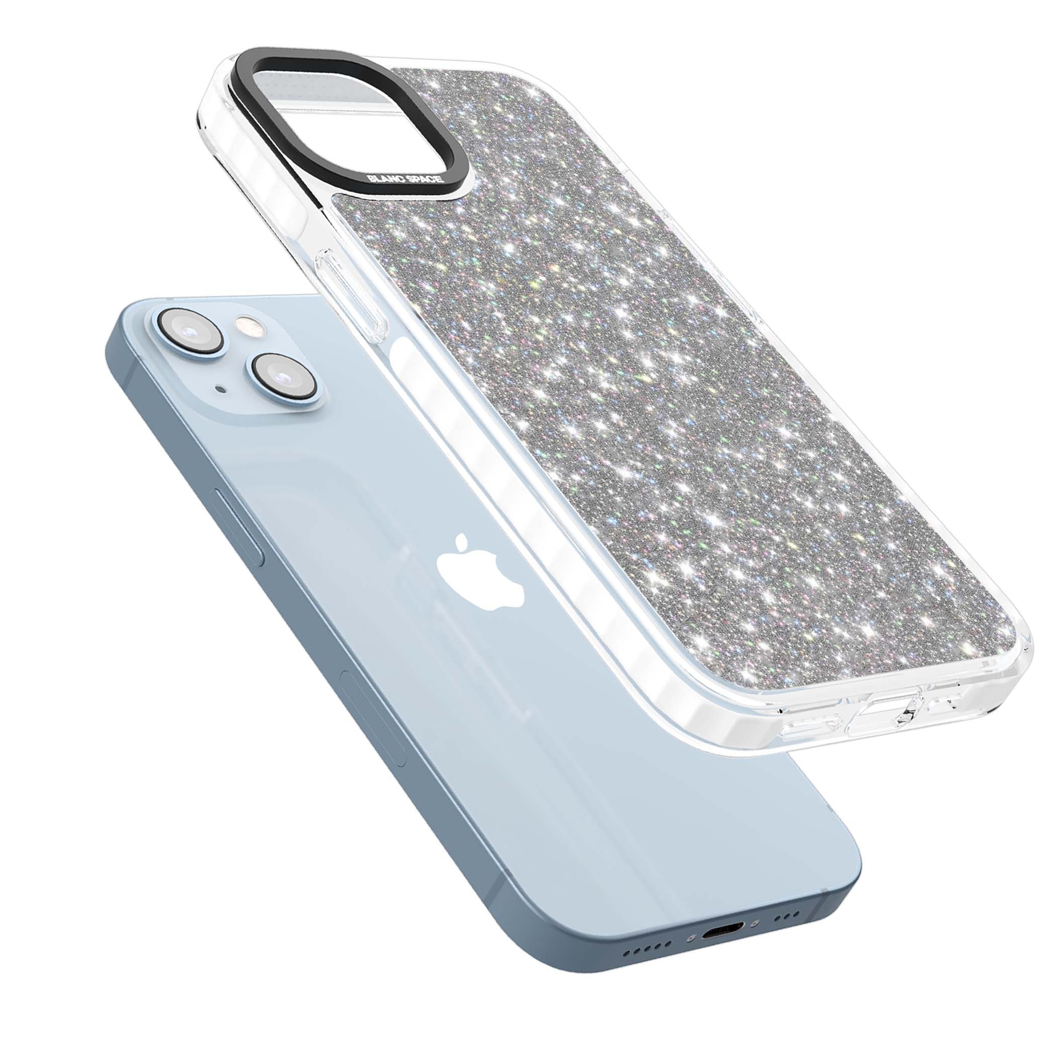 Diamond glam iPhone case featuring silver glitter sparkle and shimmering diamond dust effect | Impact Magsafe case for iPhone 13, iPhone 14, iPhone 15