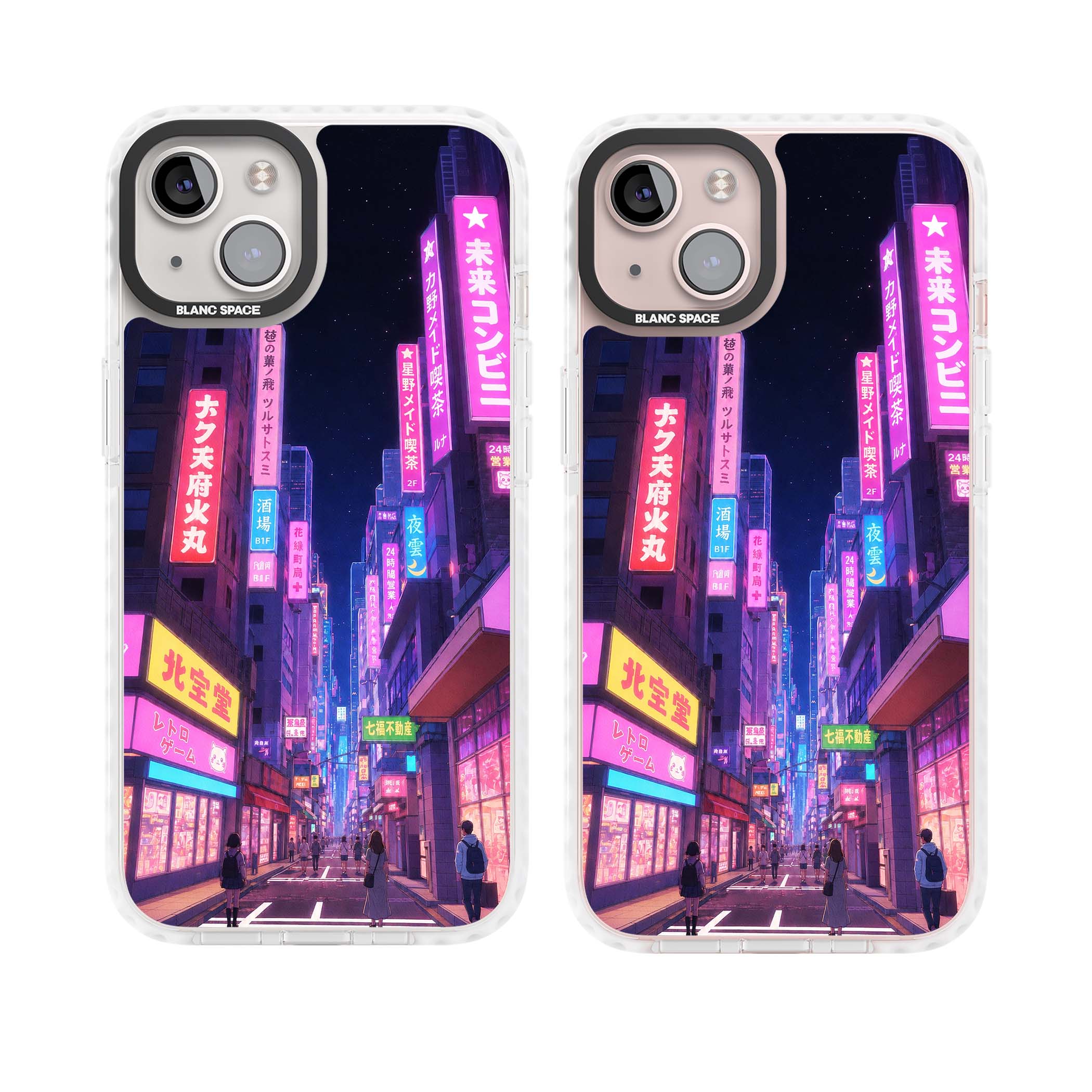 Shibuya At Night Japanese neon city iPhone case featuring glowing kanji signs, pink storefronts and a Tokyo street at n | Impact Magsafe case for iPhone 13, iPhone 14, iPhone 15