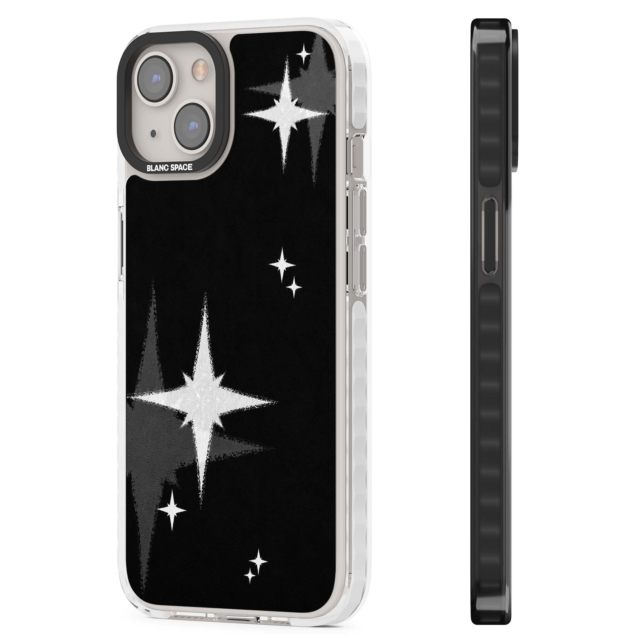 Black Sparkle celestial iPhone case featuring white sparkle stars on a black night sky background | Impact Magsafe case for iPhone 13, iPhone 14, iPhone 15