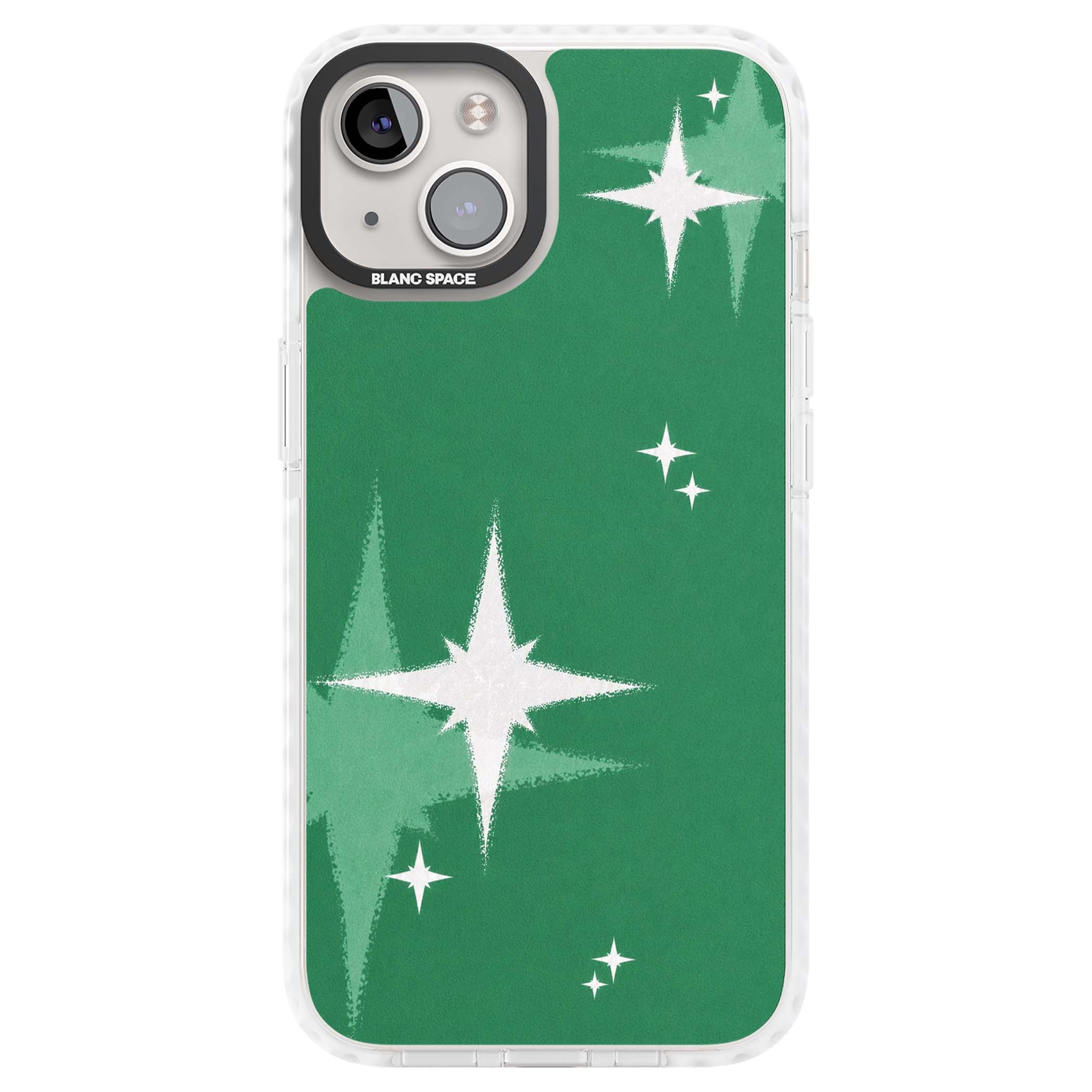 Green Sparkle celestial iPhone case featuring sparkling white four-point stars on a deep green background | Impact Magsafe case for iPhone 13, iPhone 14, iPhone 15