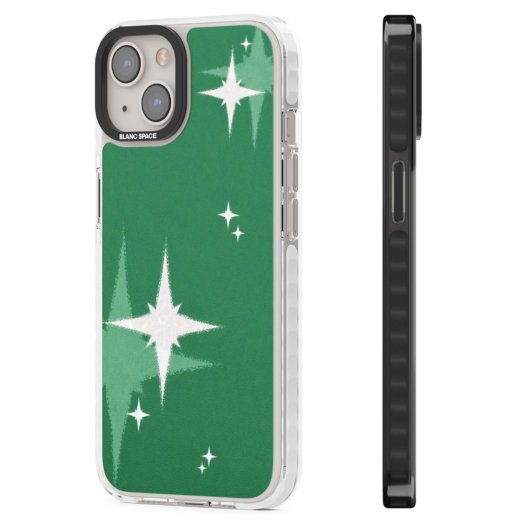 Green Sparkle celestial iPhone case featuring sparkling white four-point stars on a deep green background | Impact Magsafe case for iPhone 13, iPhone 14, iPhone 15