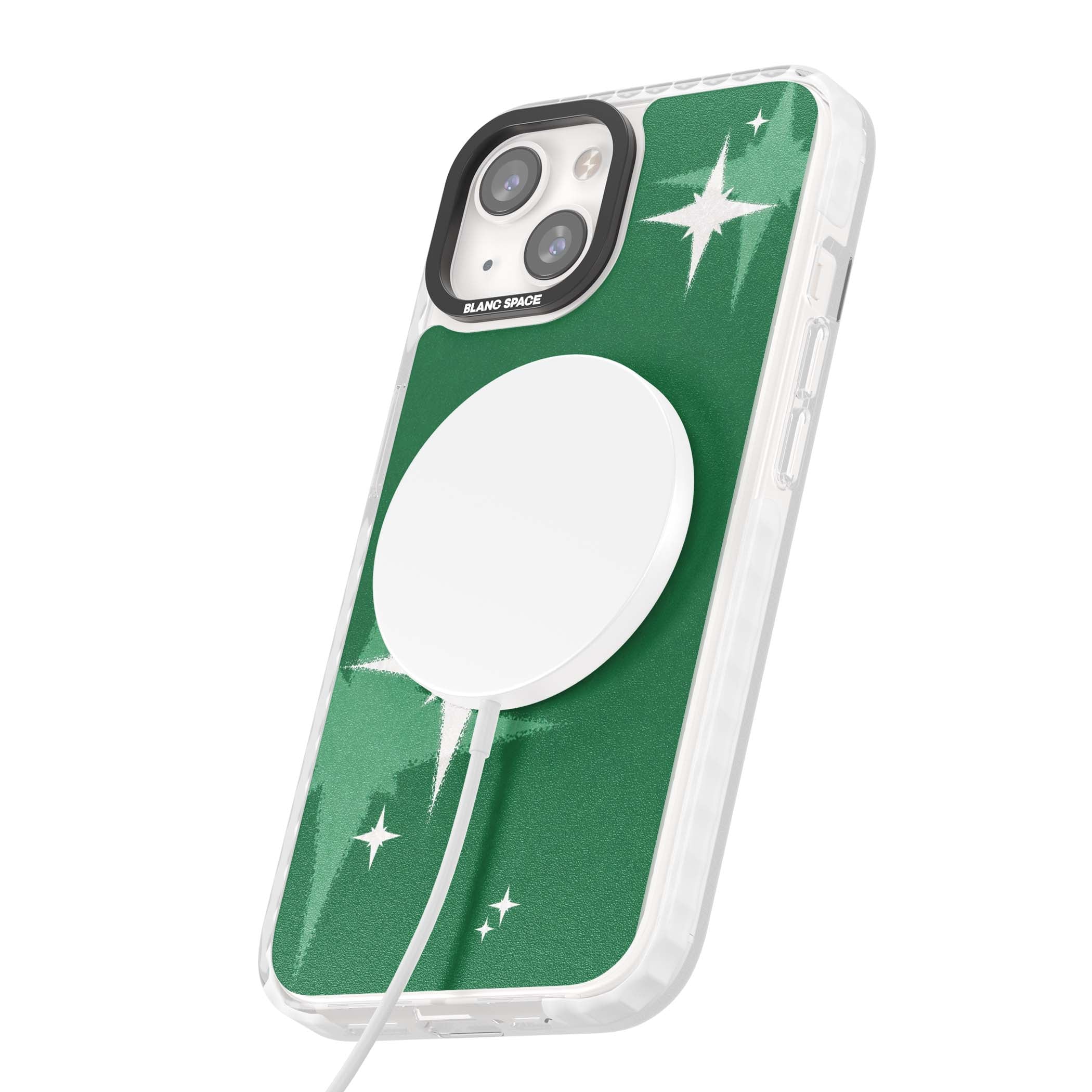 Green Sparkle celestial iPhone case featuring sparkling white four-point stars on a deep green background | Impact Magsafe case for iPhone 13, iPhone 14, iPhone 15
