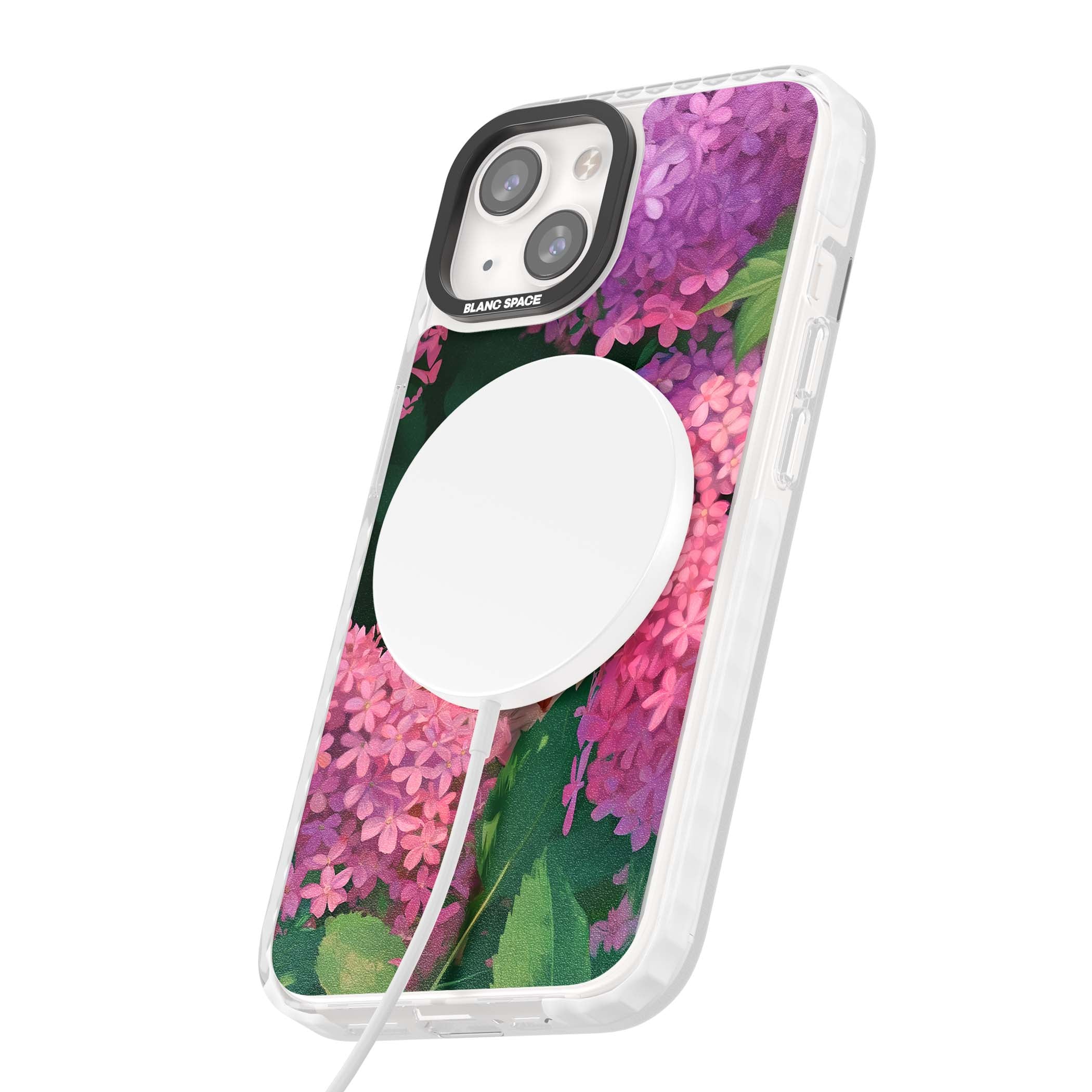 Cat In Pink Flowers cottagecore iPhone case featuring a ginger kitten peeking through lilac and pink hydrangea flo | Impact Magsafe case for iPhone 13, iPhone 14, iPhone 15