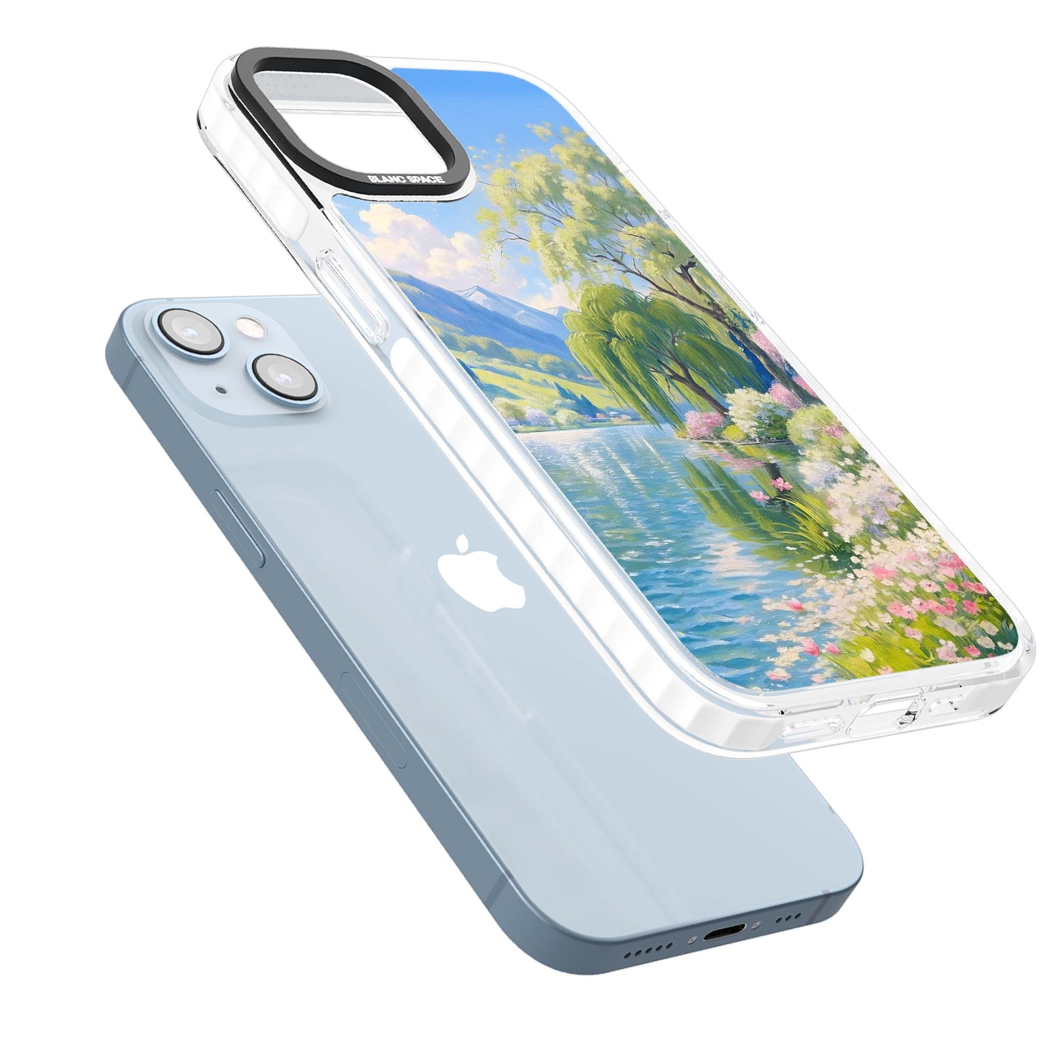 Willow Lake cottagecore iPhone case featuring a painted lakeside with weeping willow, blossoms and distant mountains | Impact Magsafe case for iPhone 13, iPhone 14, iPhone 15