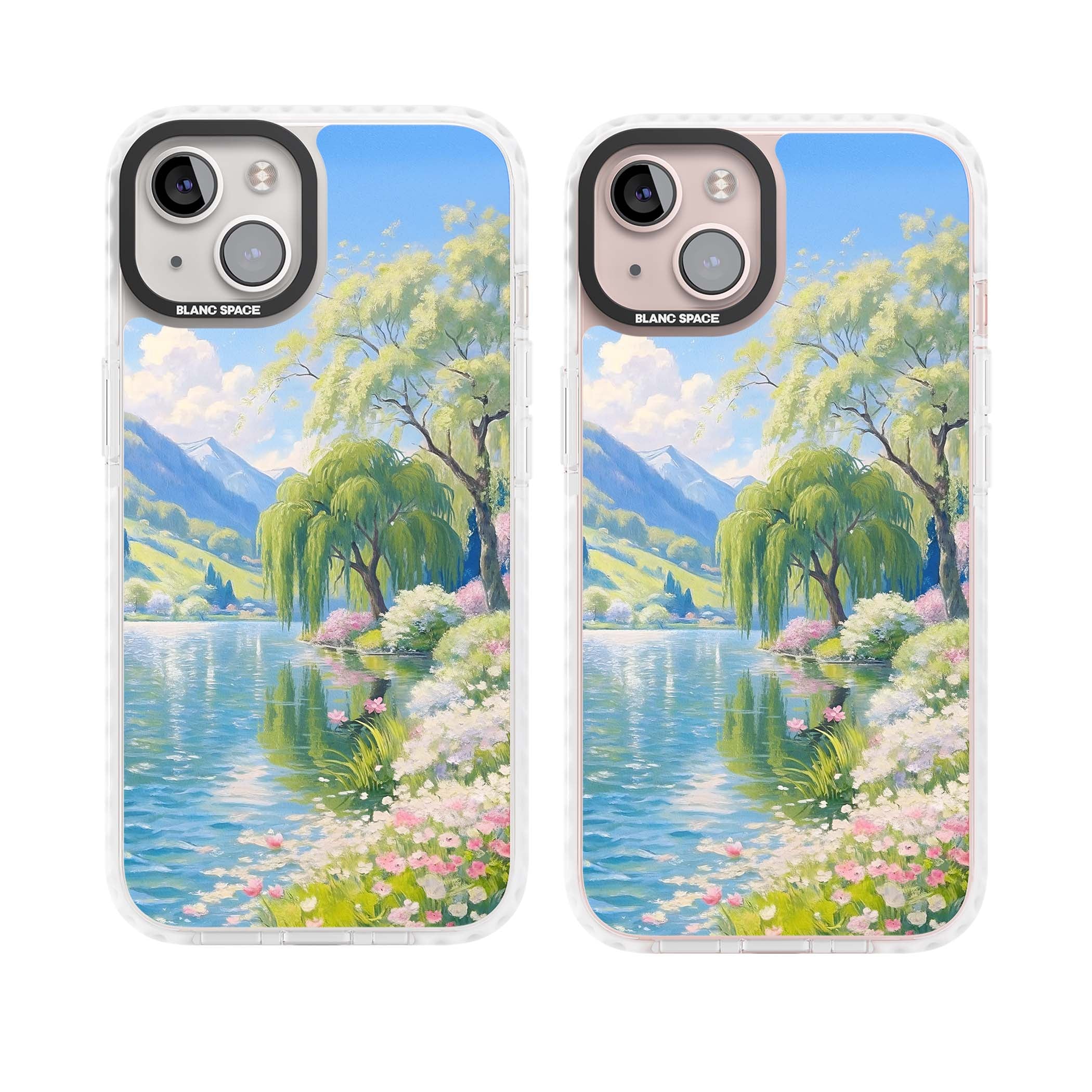 Willow Lake cottagecore iPhone case featuring a painted lakeside with weeping willow, blossoms and distant mountains | Impact Magsafe case for iPhone 13, iPhone 14, iPhone 15
