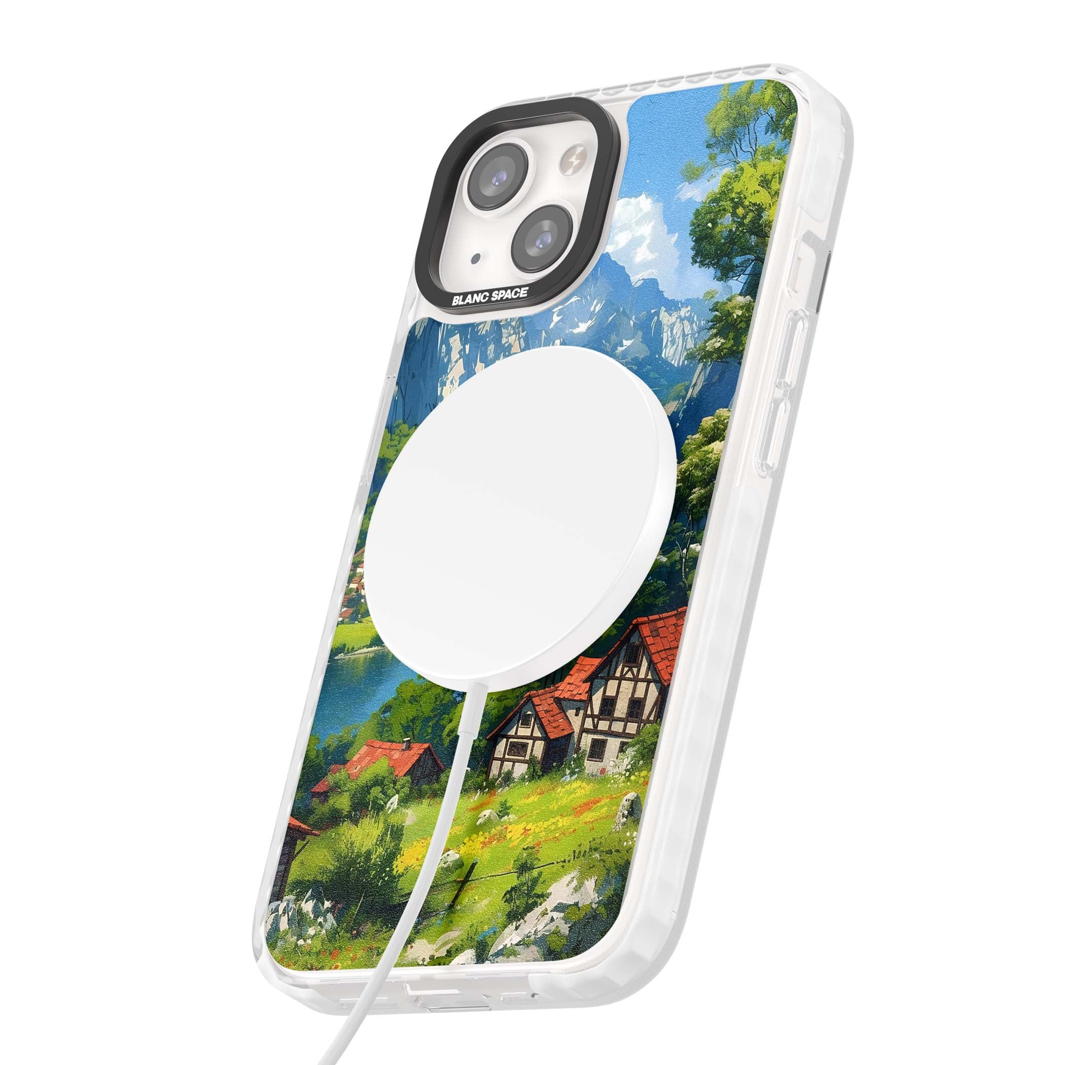 Village In The Valley anime iPhone case featuring a painted mountain village, river valley and half-timbered cottages. | Impact Magsafe case for iPhone 13, iPhone 14, iPhone 15