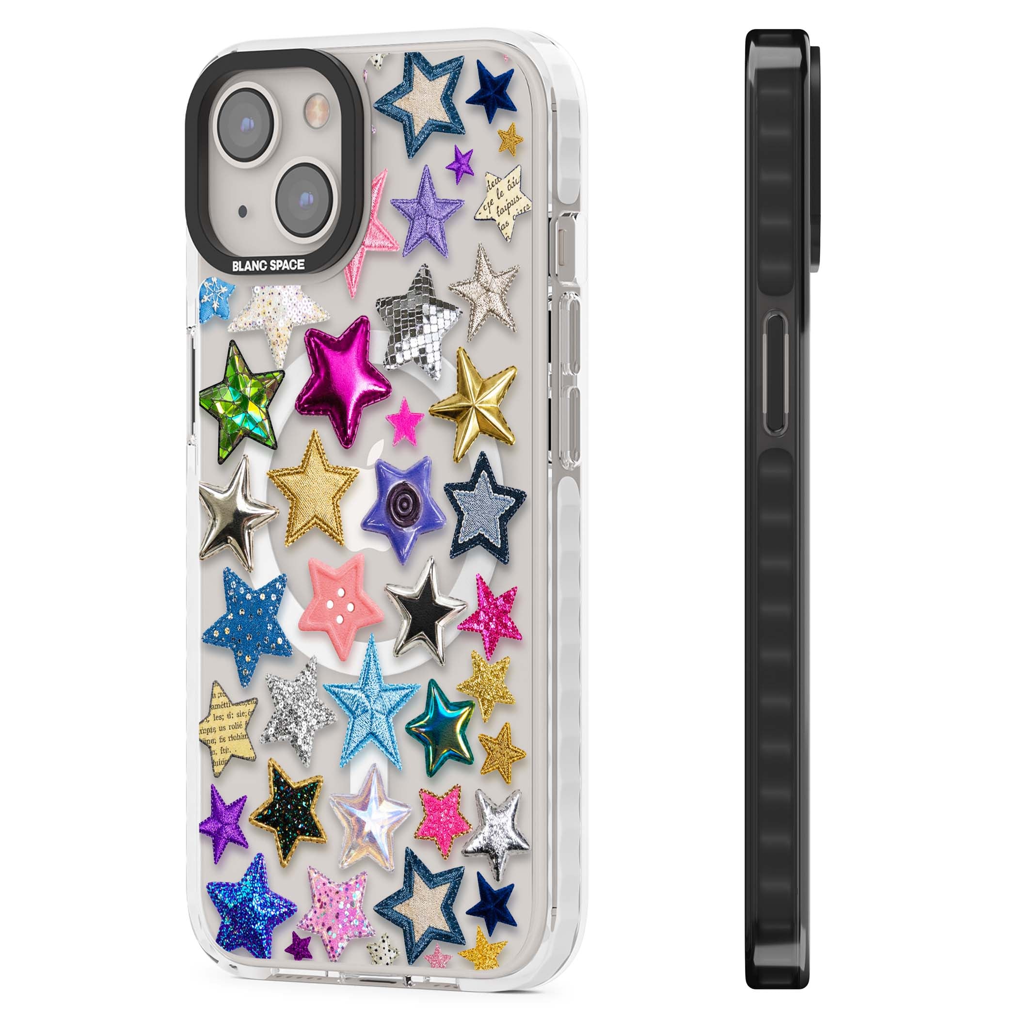 Crafty Star Mix Y2K iPhone case featuring embroidered, sequinned and glitter star patches in rainbow colours | Impact Magsafe case for iPhone 13, iPhone 14, iPhone 15