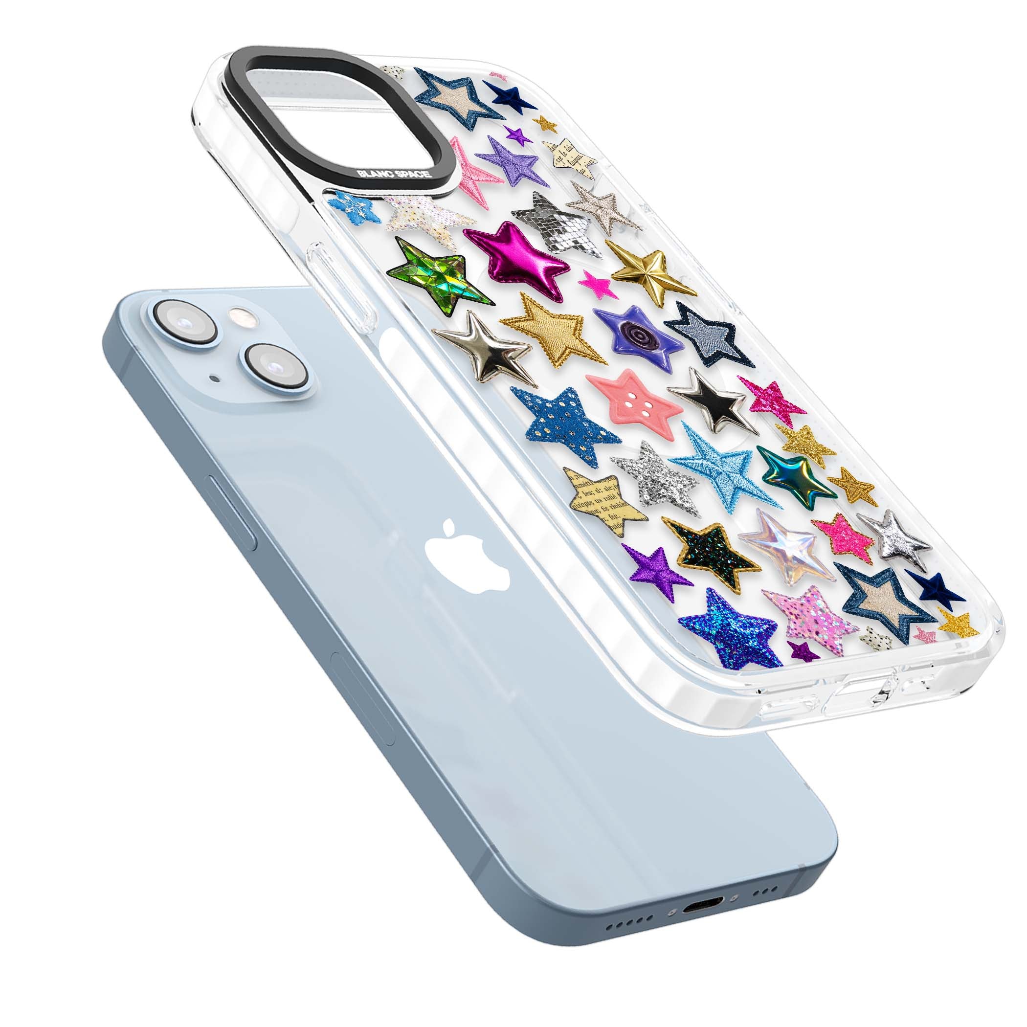 Crafty Star Mix Y2K iPhone case featuring embroidered, sequinned and glitter star patches in rainbow colours | Impact Magsafe case for iPhone 13, iPhone 14, iPhone 15
