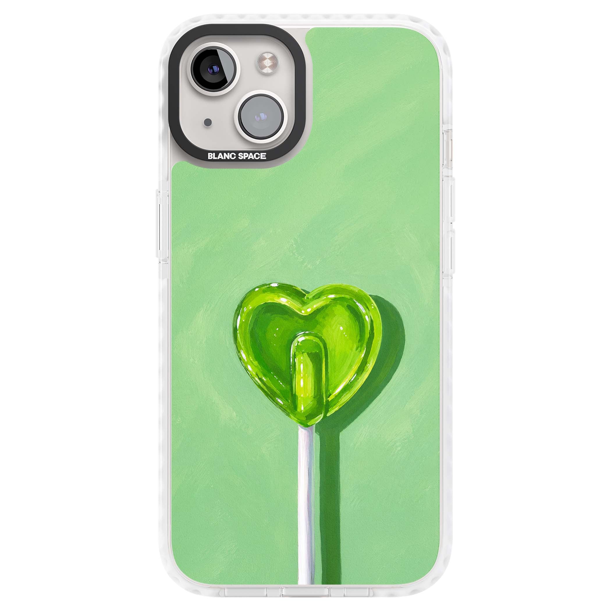 Green Lollipop candy art iPhone case featuring a glossy green heart-shaped lollipop on a painted pastel green background | Impact Magsafe case for iPhone 13, iPhone 14, iPhone 15