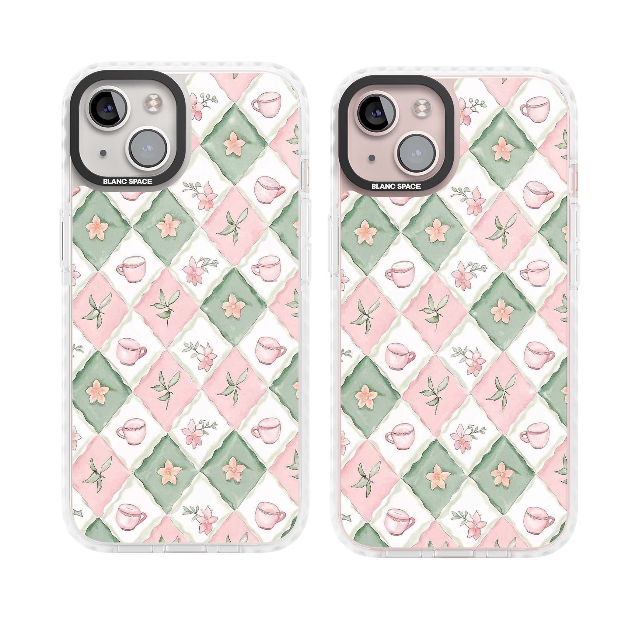 Garden Tea Party coquette iPhone case with pink and green checkered pattern, watercolour teacups and wildflowers | Impact Magsafe case for iPhone 13, iPhone 14, iPhone 15