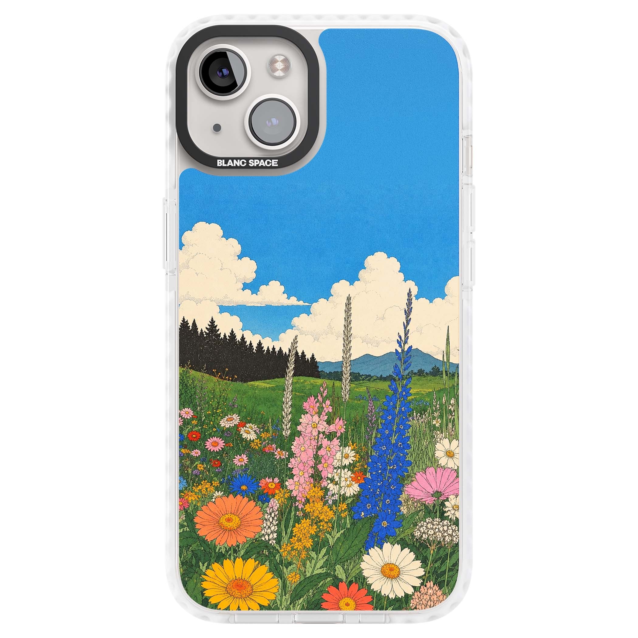 Wildbloom wildflower iPhone case featuring a vintage Japanese-style meadow landscape with daisies, delphiniums and moun | Impact Magsafe case for iPhone 13, iPhone 14, iPhone 15