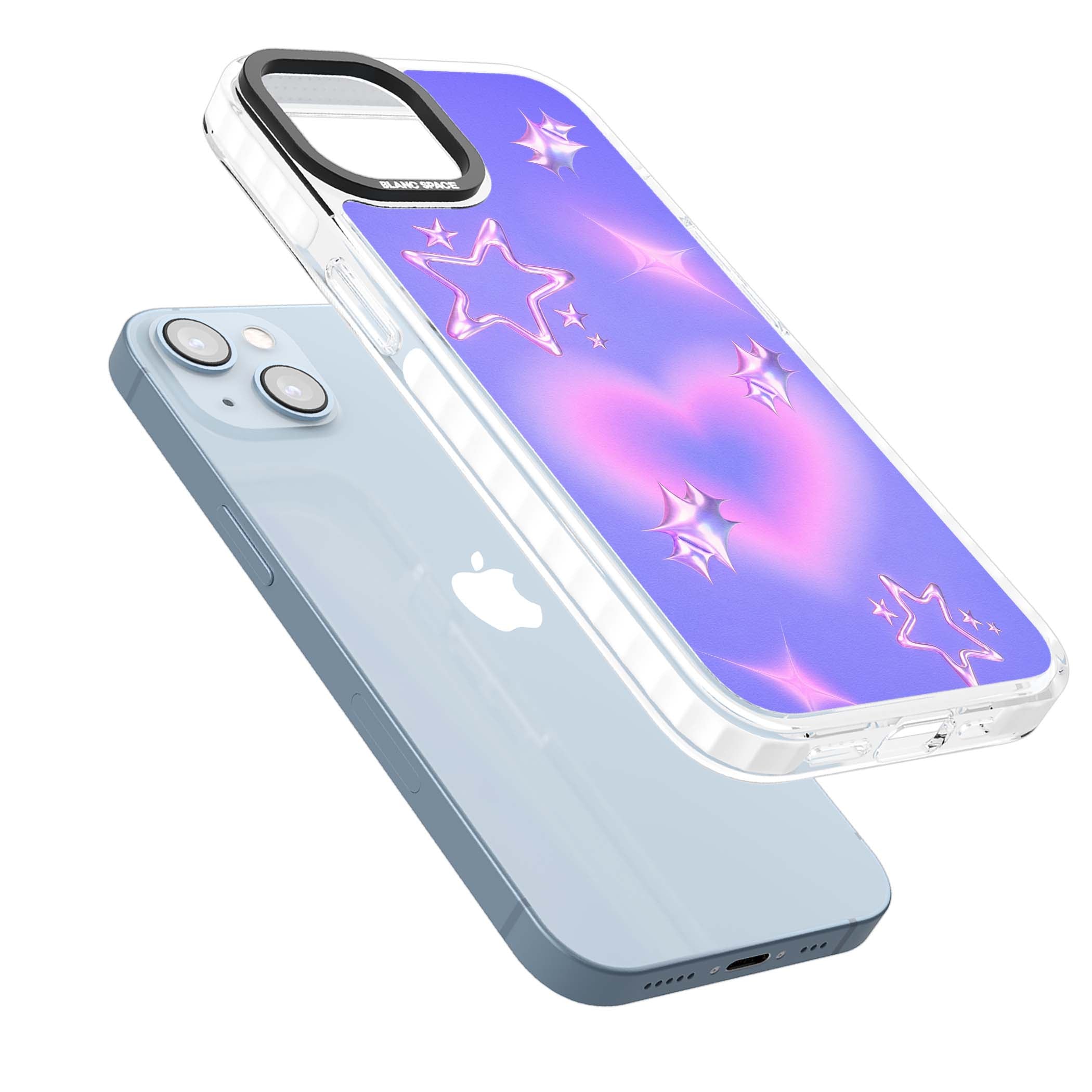 Soft Sugar Y2K iPhone case featuring iridescent chrome hearts, metallic pink stars and a lavender gradient sky | Impact Magsafe case for iPhone 13, iPhone 14, iPhone 15