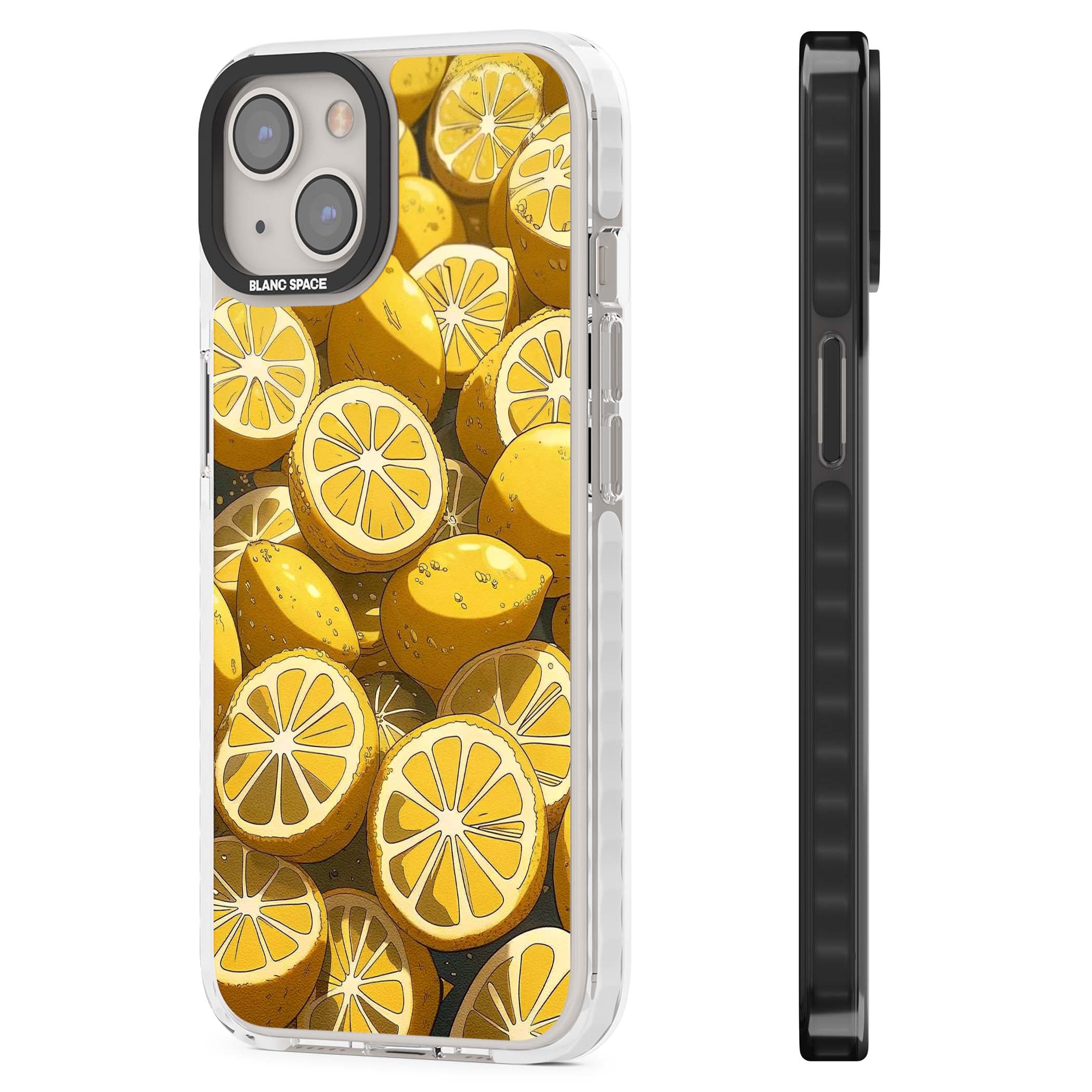 Zesty coastal iPhone case featuring illustrated Mediterranean lemons and citrus slices in golden yellow | Impact Magsafe case for iPhone 13, iPhone 14, iPhone 15