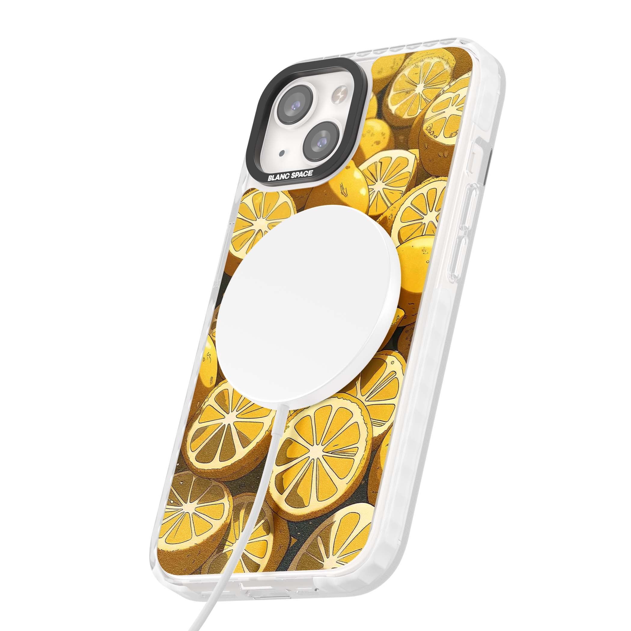 Zesty coastal iPhone case featuring illustrated Mediterranean lemons and citrus slices in golden yellow | Impact Magsafe case for iPhone 13, iPhone 14, iPhone 15