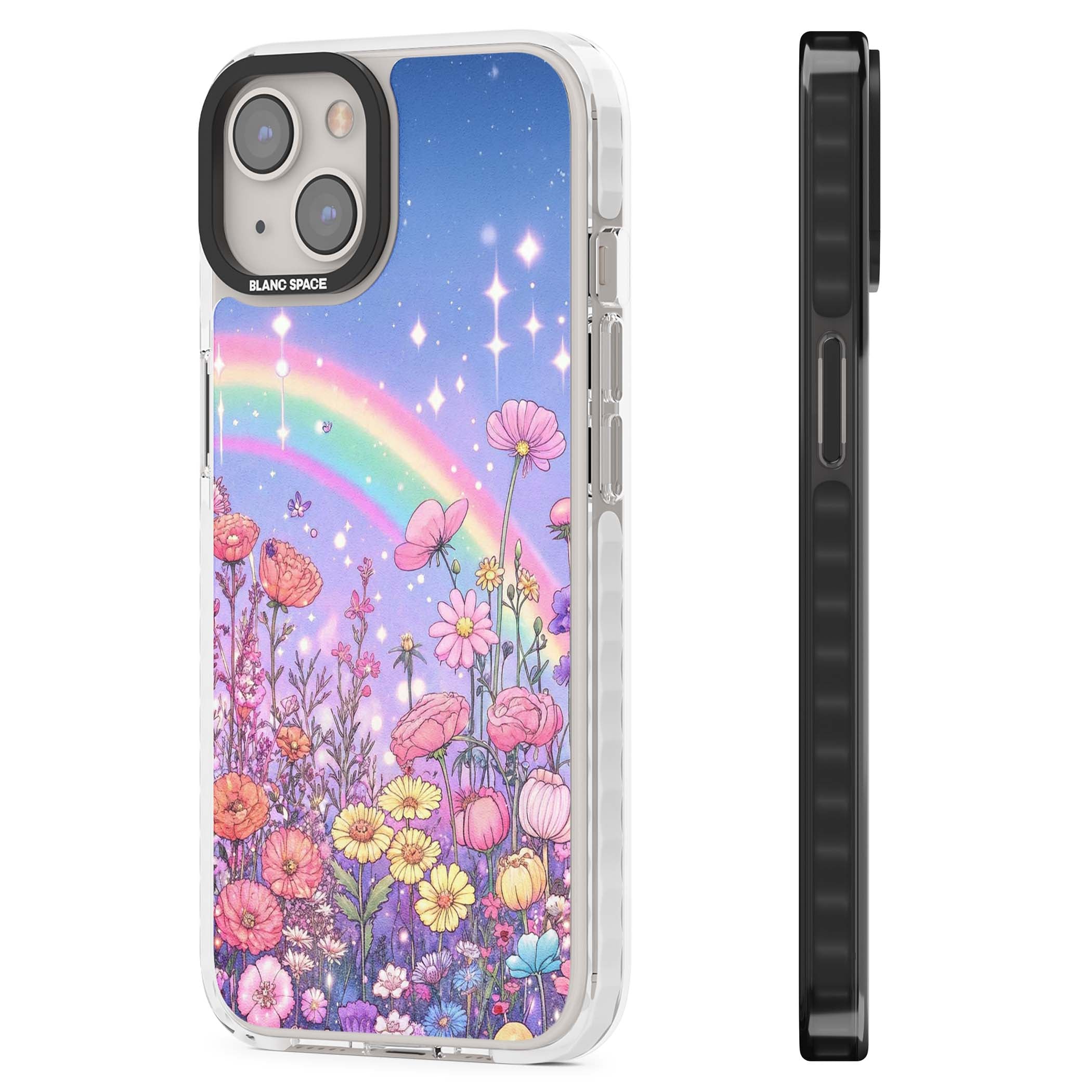 Magical Meadow fairycore iPhone case featuring a pastel rainbow, sparkling stars and a wildflower meadow | Clear Impact case for iPhone 13, iPhone 14, iPhone 15