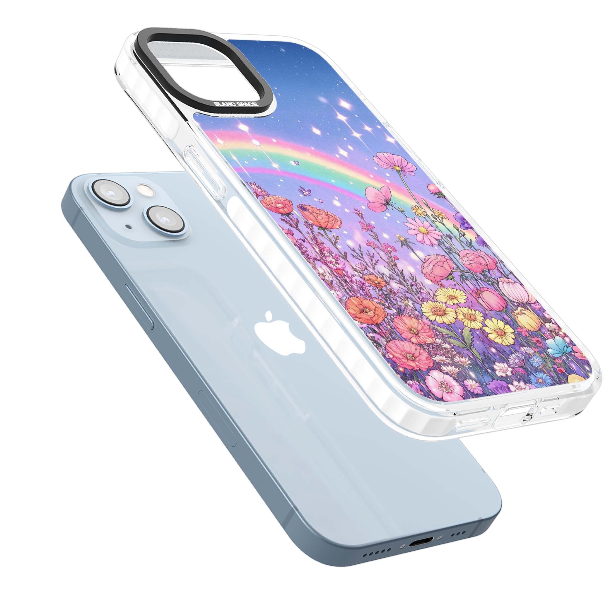 Magical Meadow fairycore iPhone case featuring a pastel rainbow, sparkling stars and a wildflower meadow | Clear Impact case for iPhone 13, iPhone 14, iPhone 15