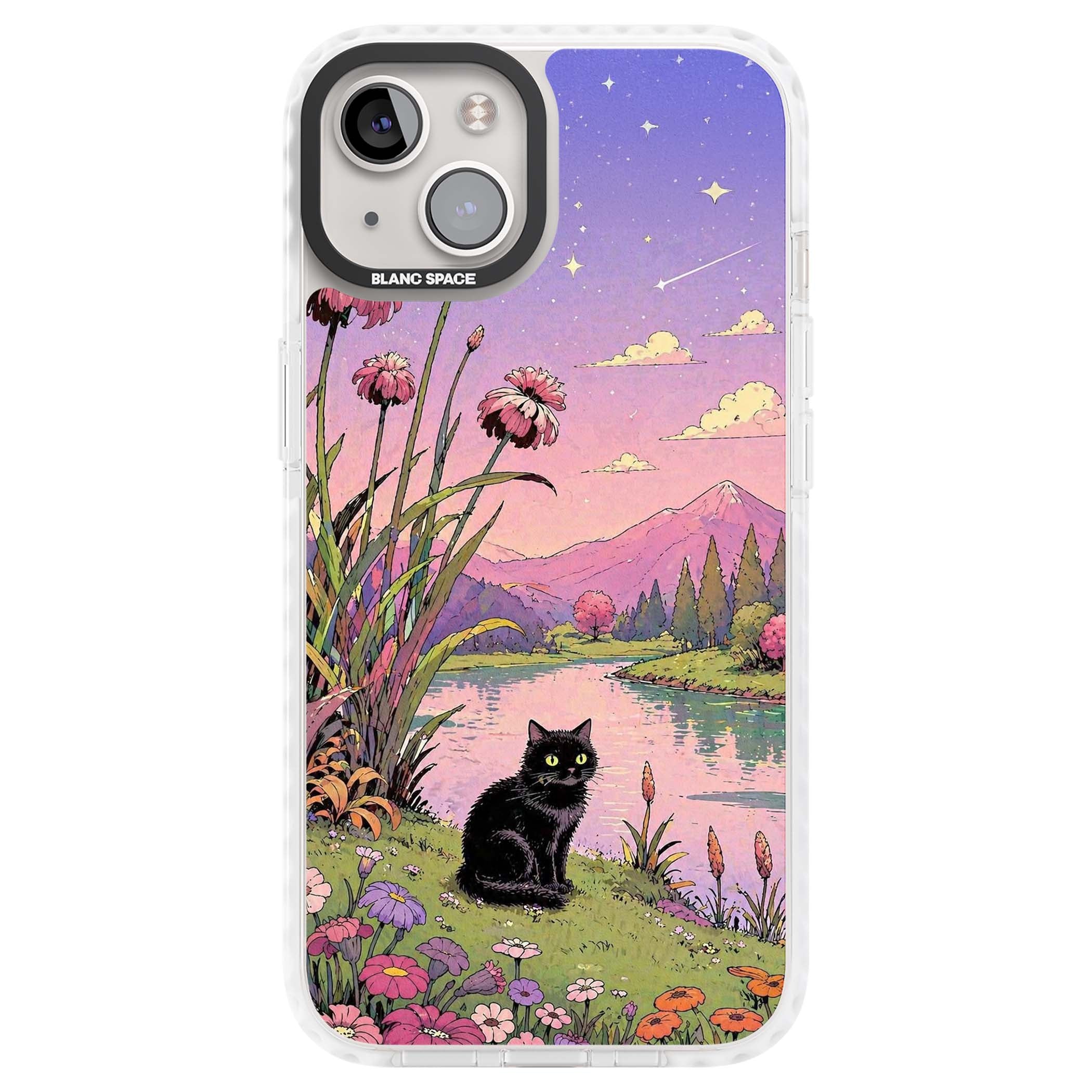 Mystic Whiskers ghibli iPhone case featuring a black cat by a pastel lake, wildflowers and a starry sunset sky | Clear Impact case for iPhone 13, iPhone 14, iPhone 15