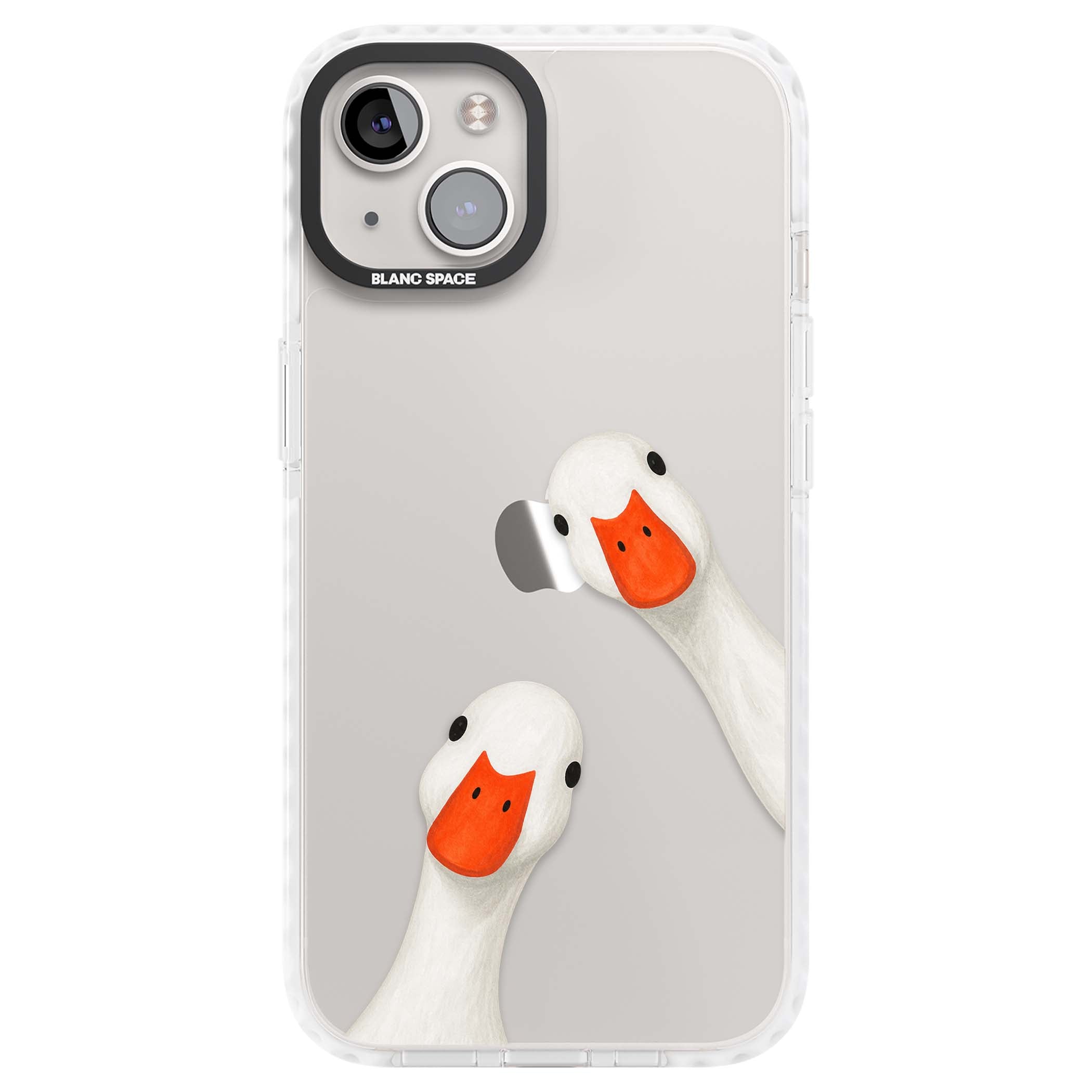 Nosy Ducks cottagecore iPhone case featuring two peeking white ducks with orange beaks on a clear background | Clear Impact case for iPhone 13, iPhone 14, iPhone 15