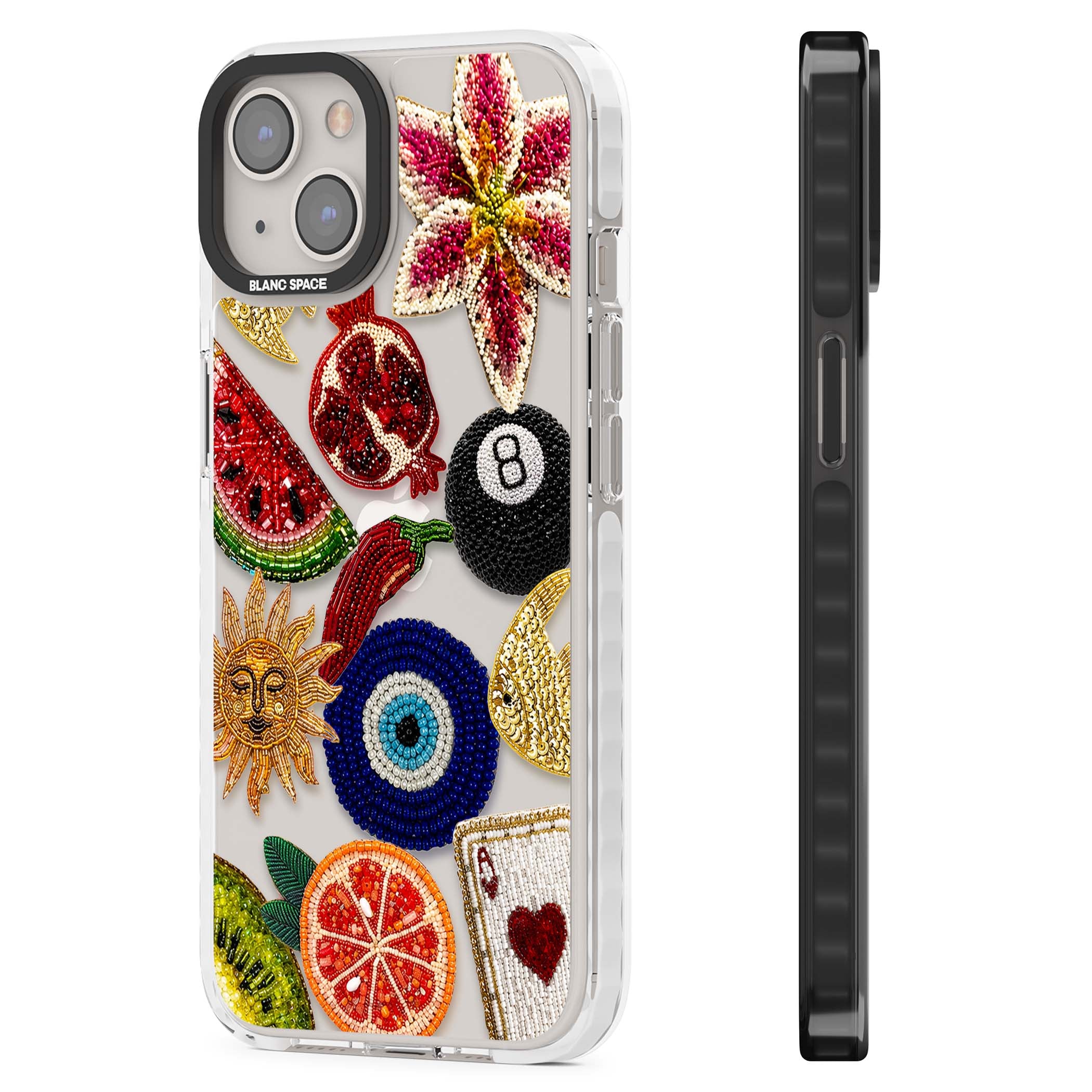 Beaded Charms embroidery iPhone case featuring beaded evil eye, fruit patches and a golden sun motif | Clear Impact case for iPhone 13, iPhone 14, iPhone 15