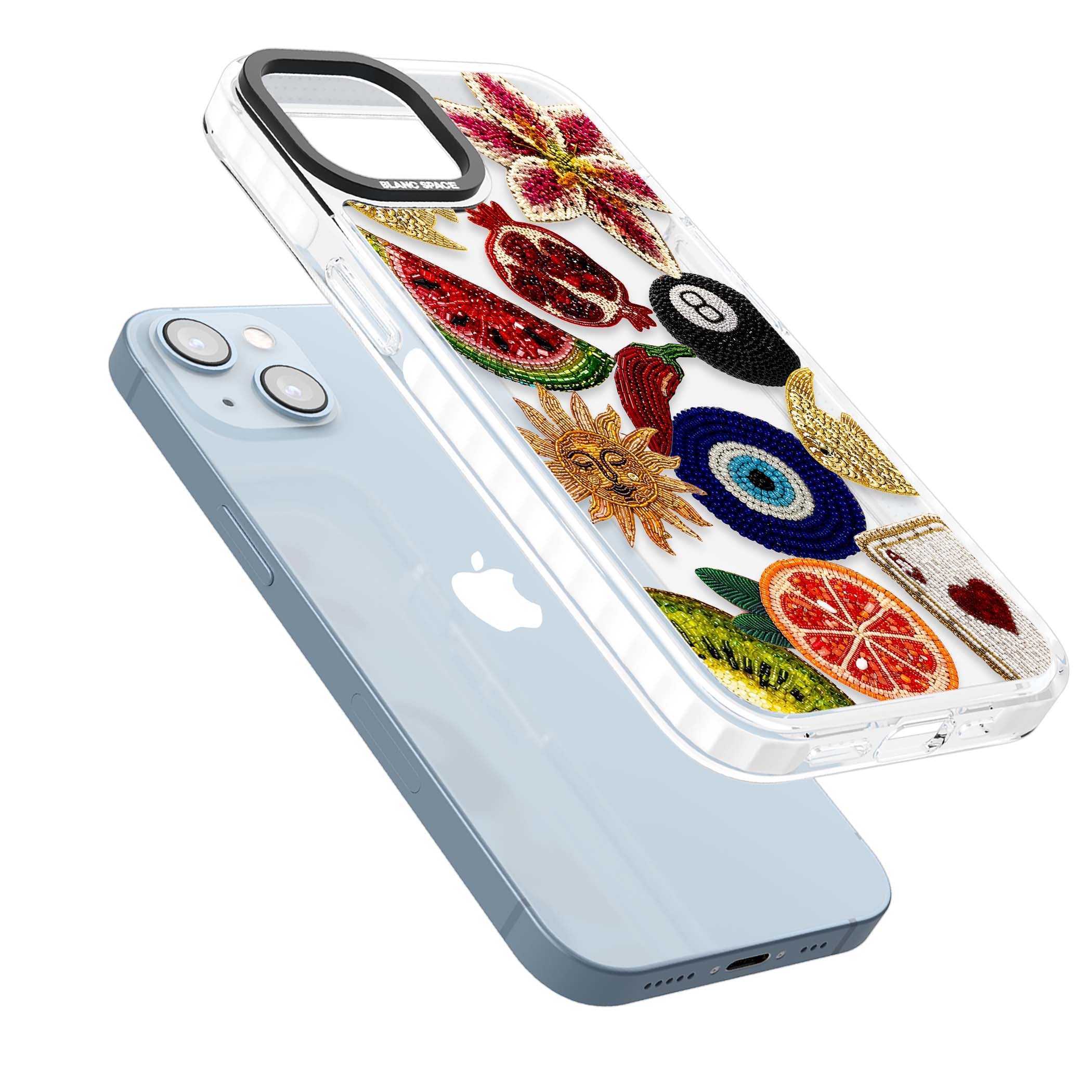 Beaded Charms embroidery iPhone case featuring beaded evil eye, fruit patches and a golden sun motif | Clear Impact case for iPhone 13, iPhone 14, iPhone 15