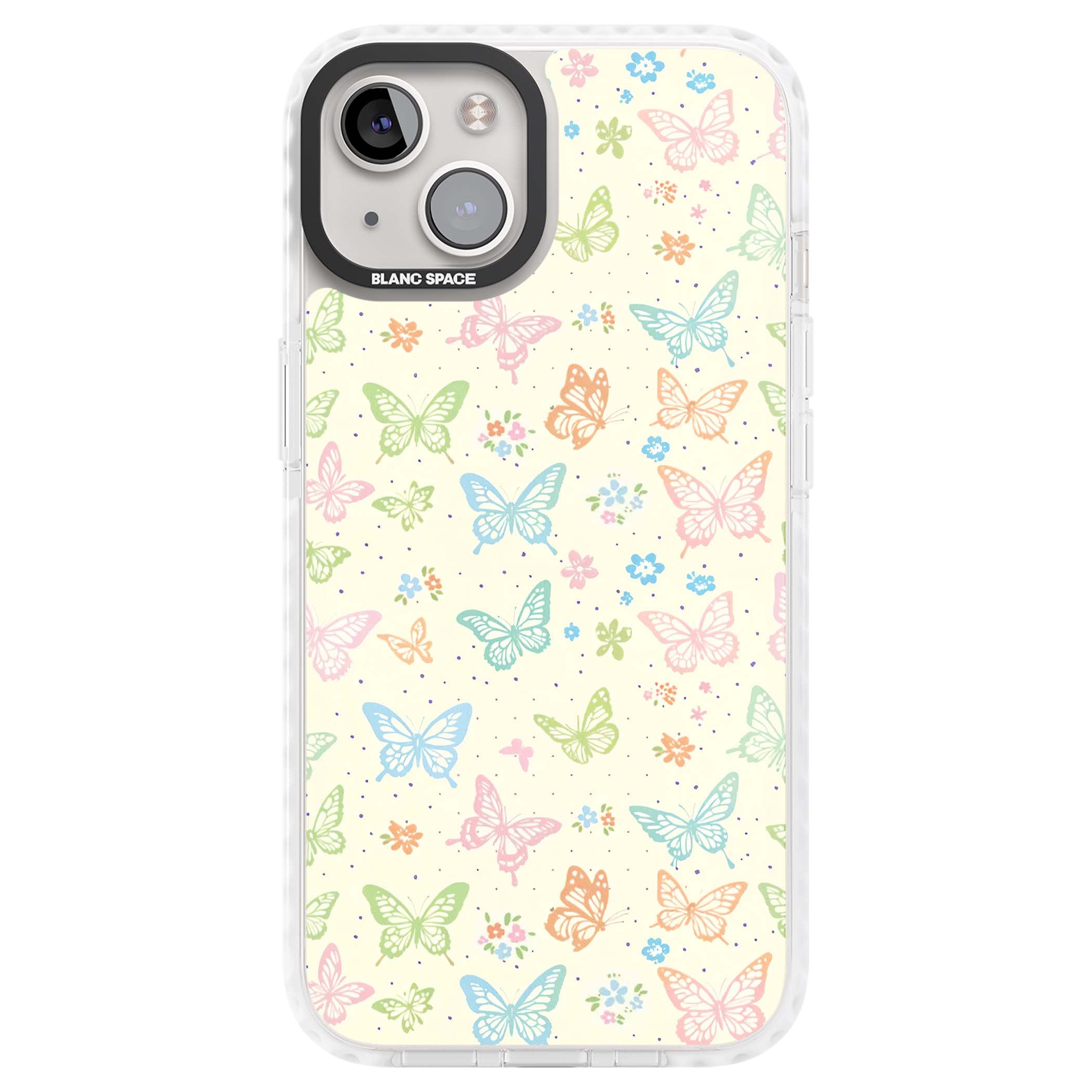 Sugar Wings cottagecore iPhone case featuring rainbow pastel butterflies, tiny wildflowers, and a cream background | Clear Impact case for iPhone 13, iPhone 14, iPhone 15