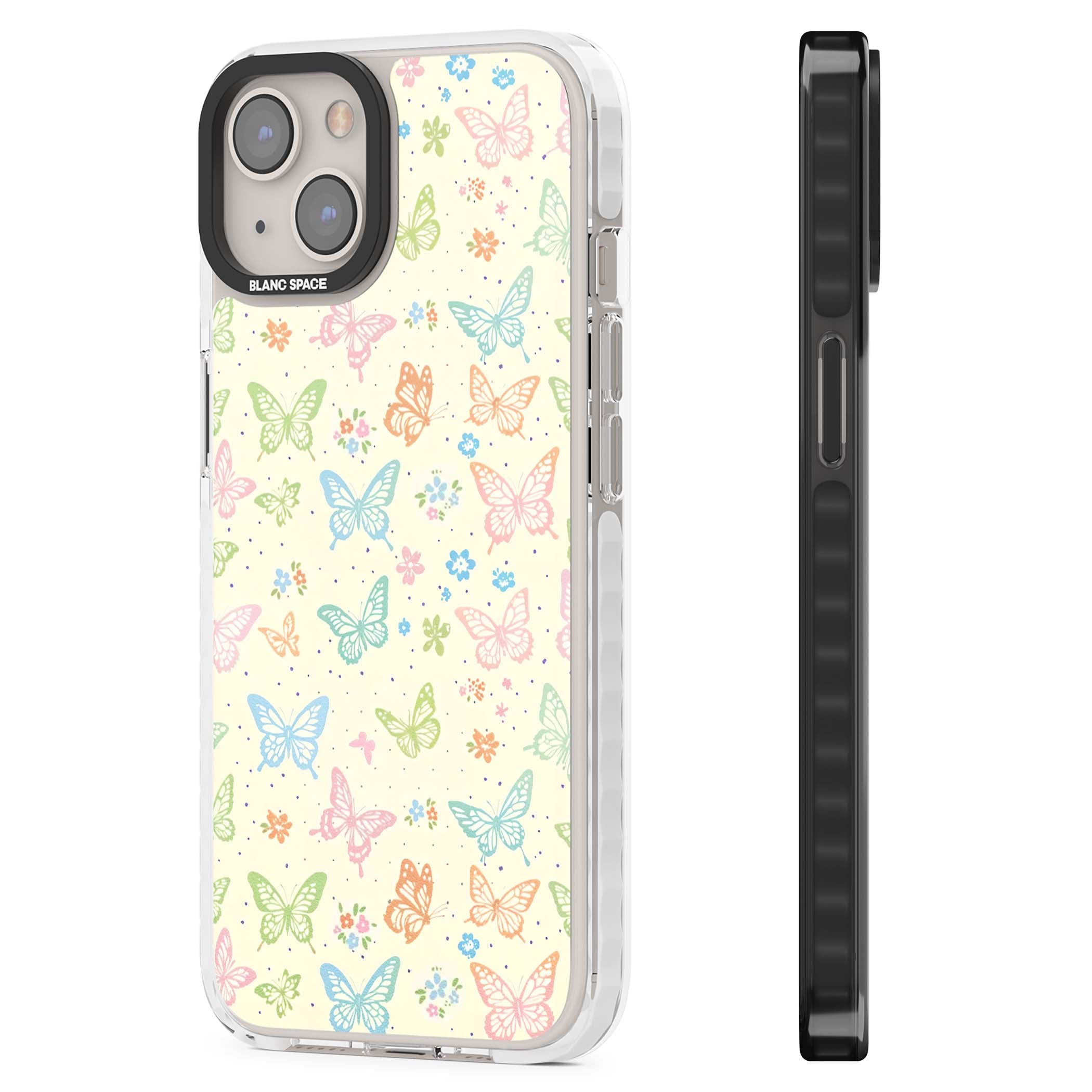 Sugar Wings cottagecore iPhone case featuring rainbow pastel butterflies, tiny wildflowers, and a cream background | Clear Impact case for iPhone 13, iPhone 14, iPhone 15