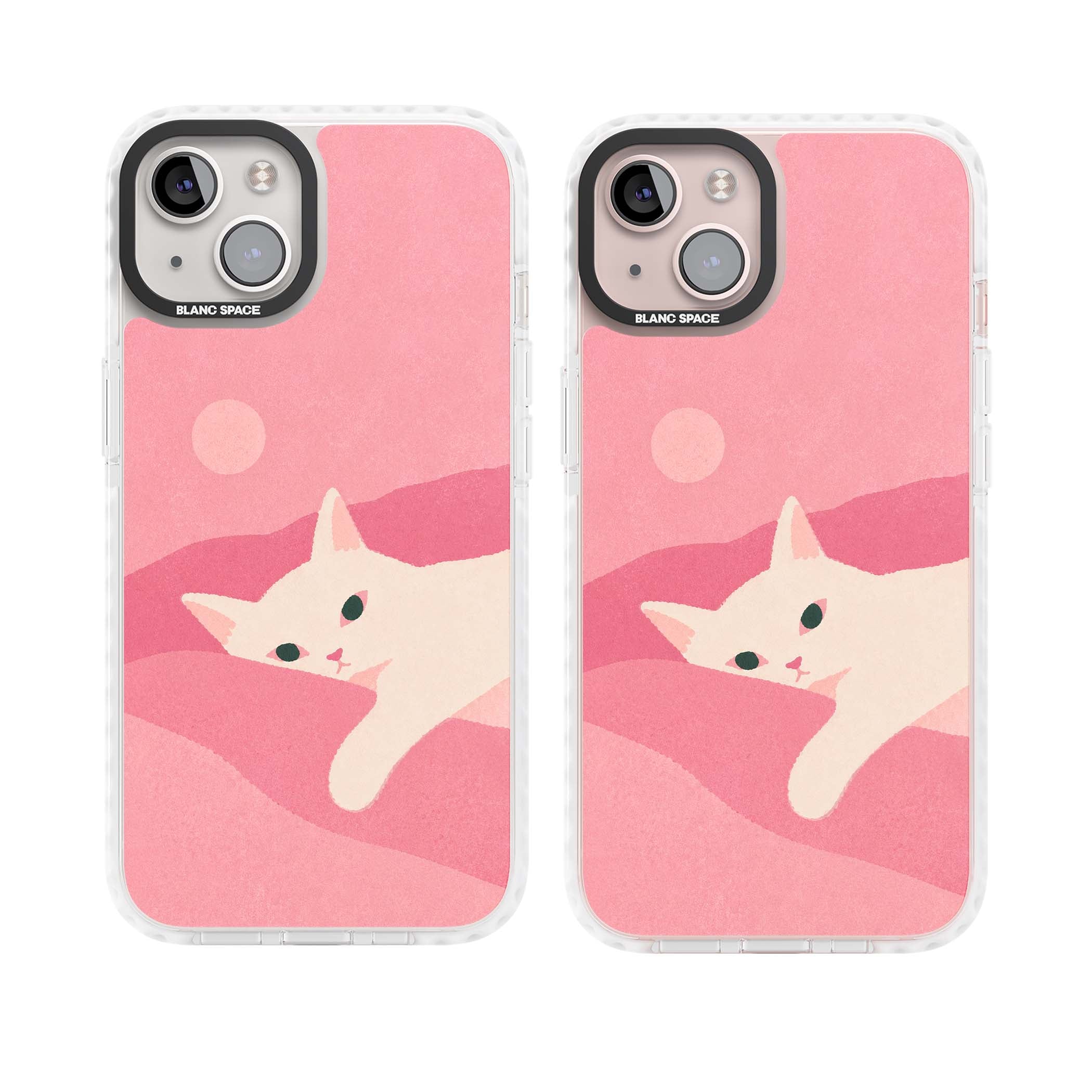 Pink Dreams cute cat iPhone case featuring a white kitten, soft pink hills and a pale pastel sun | Clear Impact case for iPhone 13, iPhone 14, iPhone 15