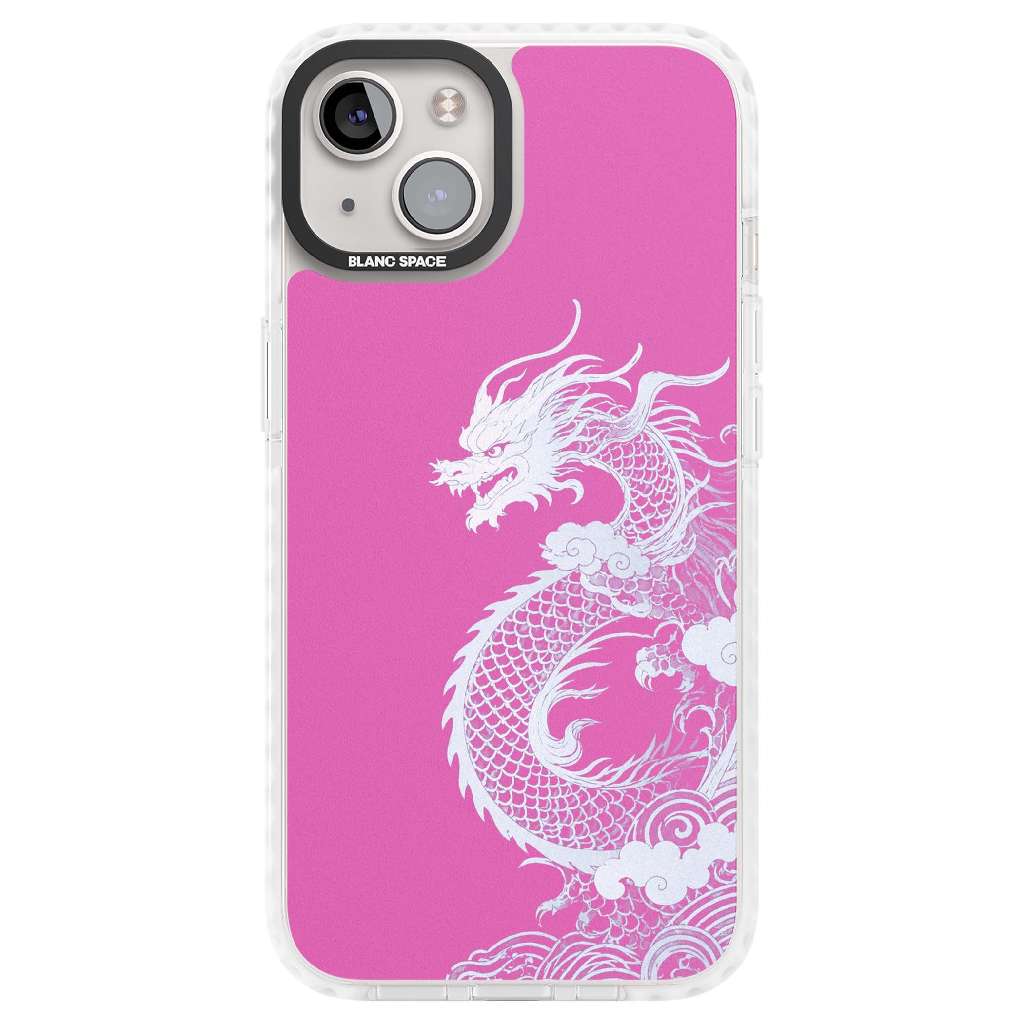Pink Empress chinese dragon iPhone case featuring a white dragon, swirling clouds and pink dragon wallpaper backdrop | Clear Impact case for iPhone 13, iPhone 14, iPhone 15