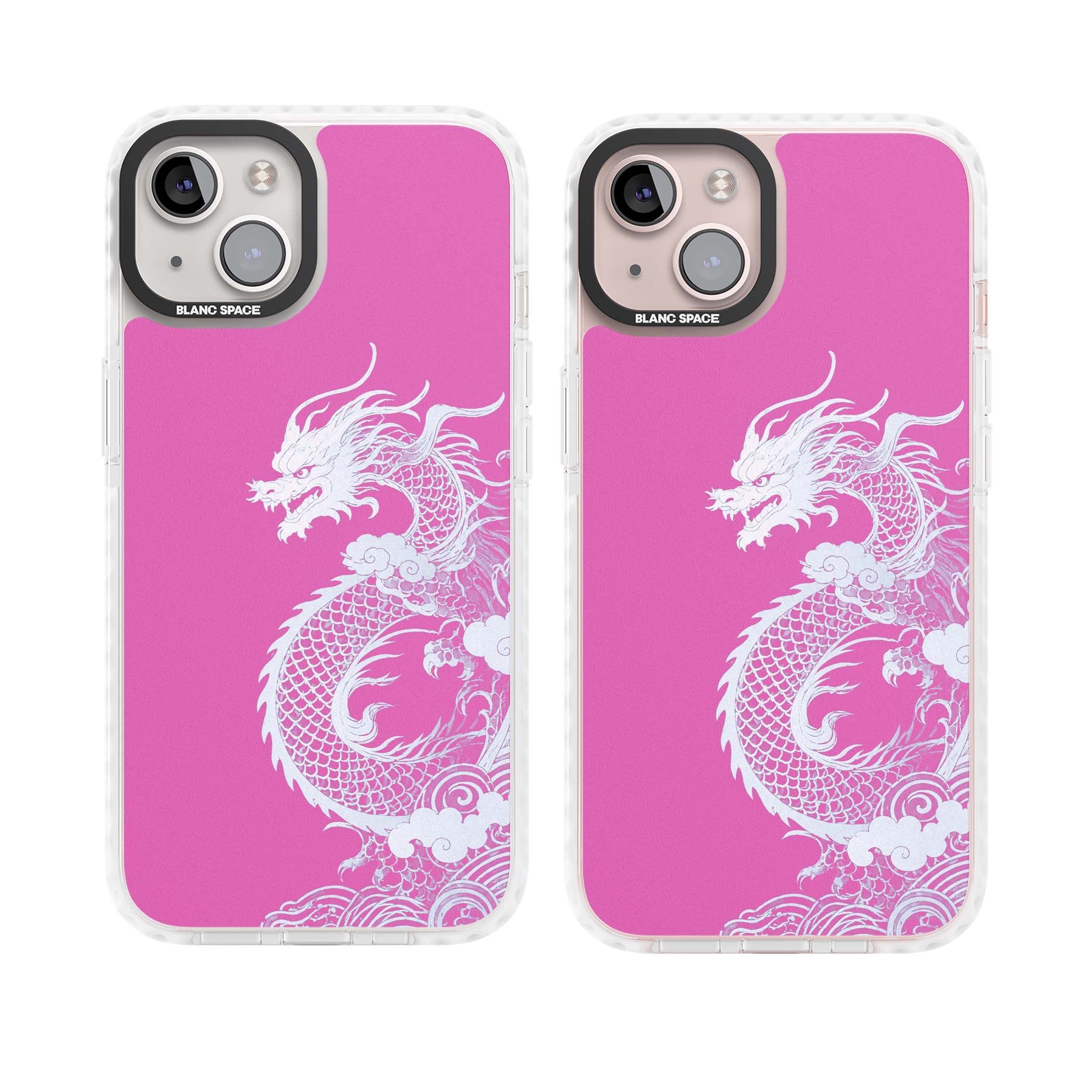 Pink Empress chinese dragon iPhone case featuring a white dragon, swirling clouds and pink dragon wallpaper backdrop | Clear Impact case for iPhone 13, iPhone 14, iPhone 15