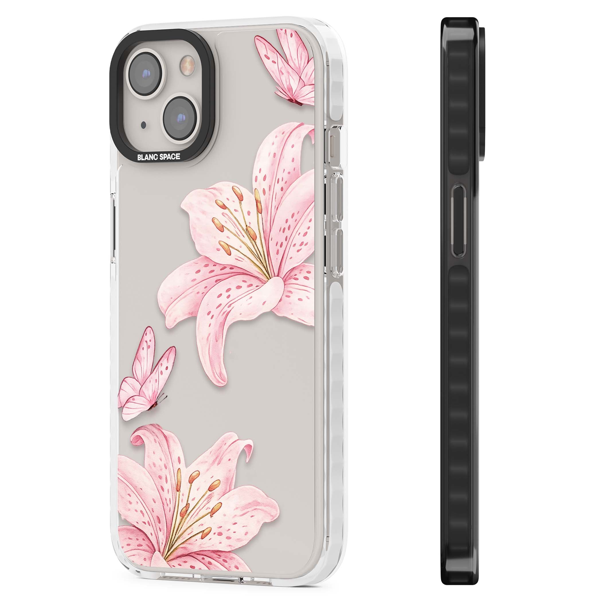 Lily Whisper floral iPhone case featuring pink watercolour lilies and delicate butterflies on a clear background | Clear Impact case for iPhone 13, iPhone 14, iPhone 15