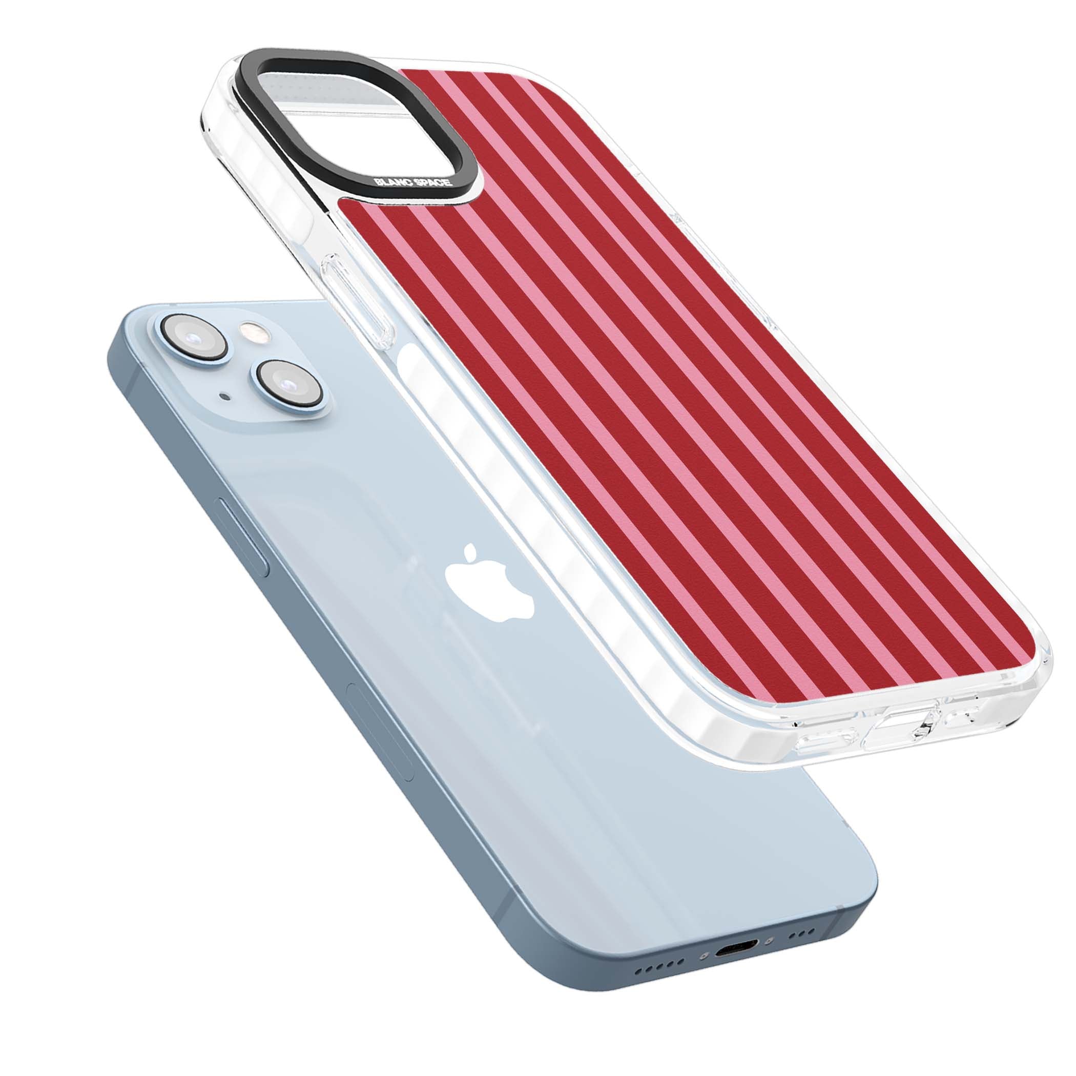 Raspberry Stripe coquette iPhone case featuring red and pink vertical stripes in a candy-inspired pattern | Clear Impact case for iPhone 13, iPhone 14, iPhone 15