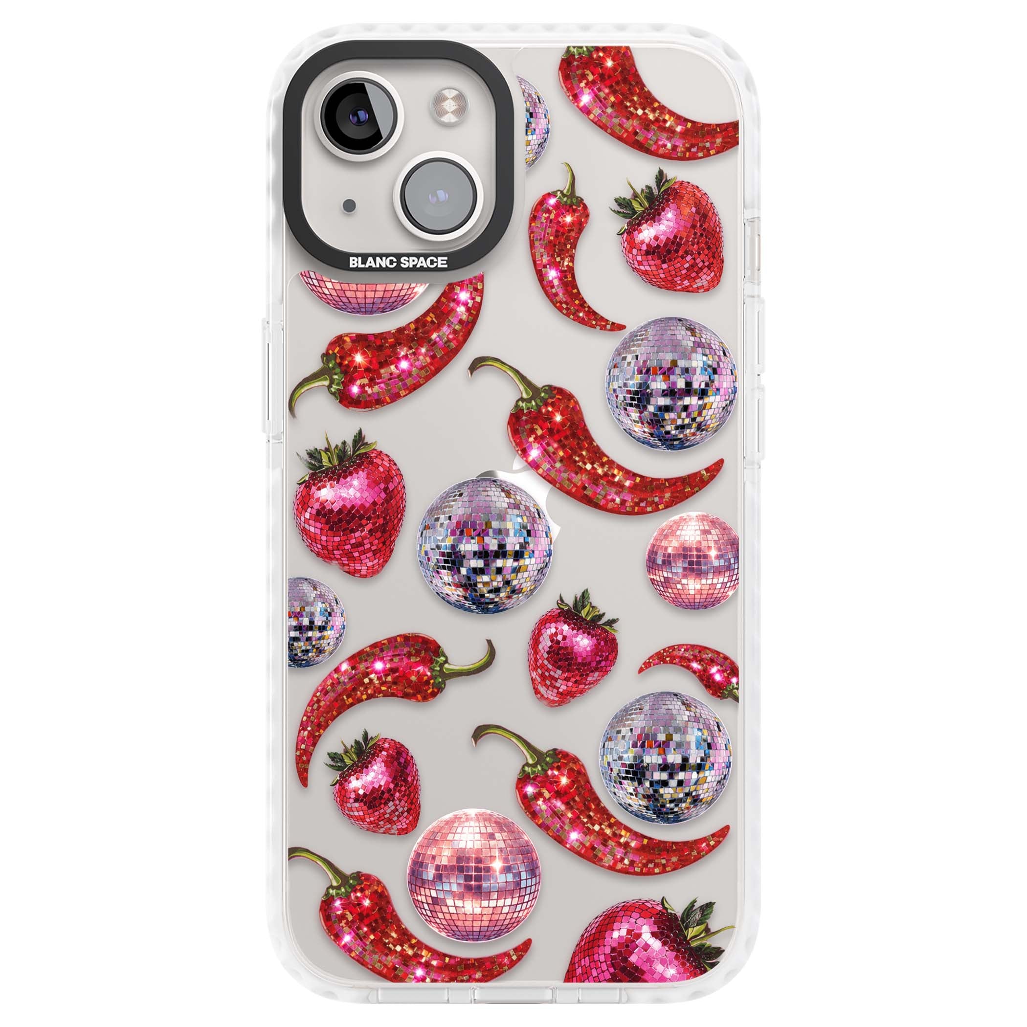 Spicy Disco Y2K iPhone case featuring glitter disco balls, sparkly strawberries and red chilli peppers | Clear Impact case for iPhone 13, iPhone 14, iPhone 15