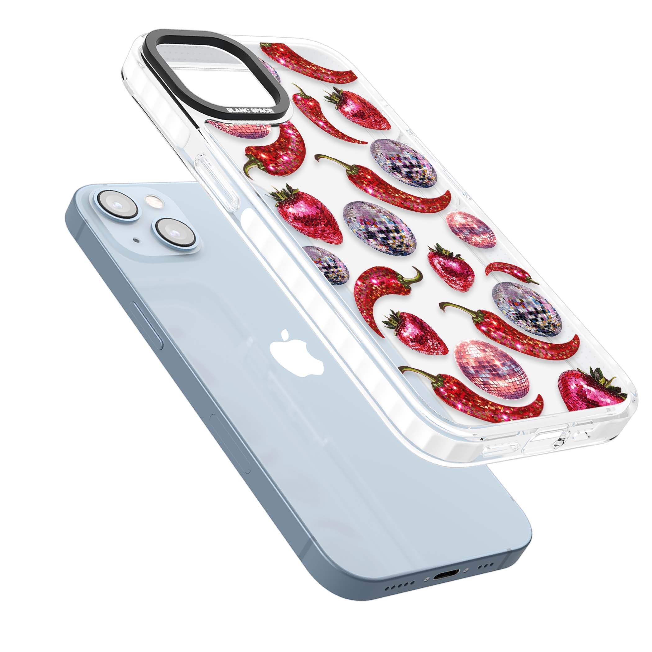 Spicy Disco Y2K iPhone case featuring glitter disco balls, sparkly strawberries and red chilli peppers | Clear Impact case for iPhone 13, iPhone 14, iPhone 15
