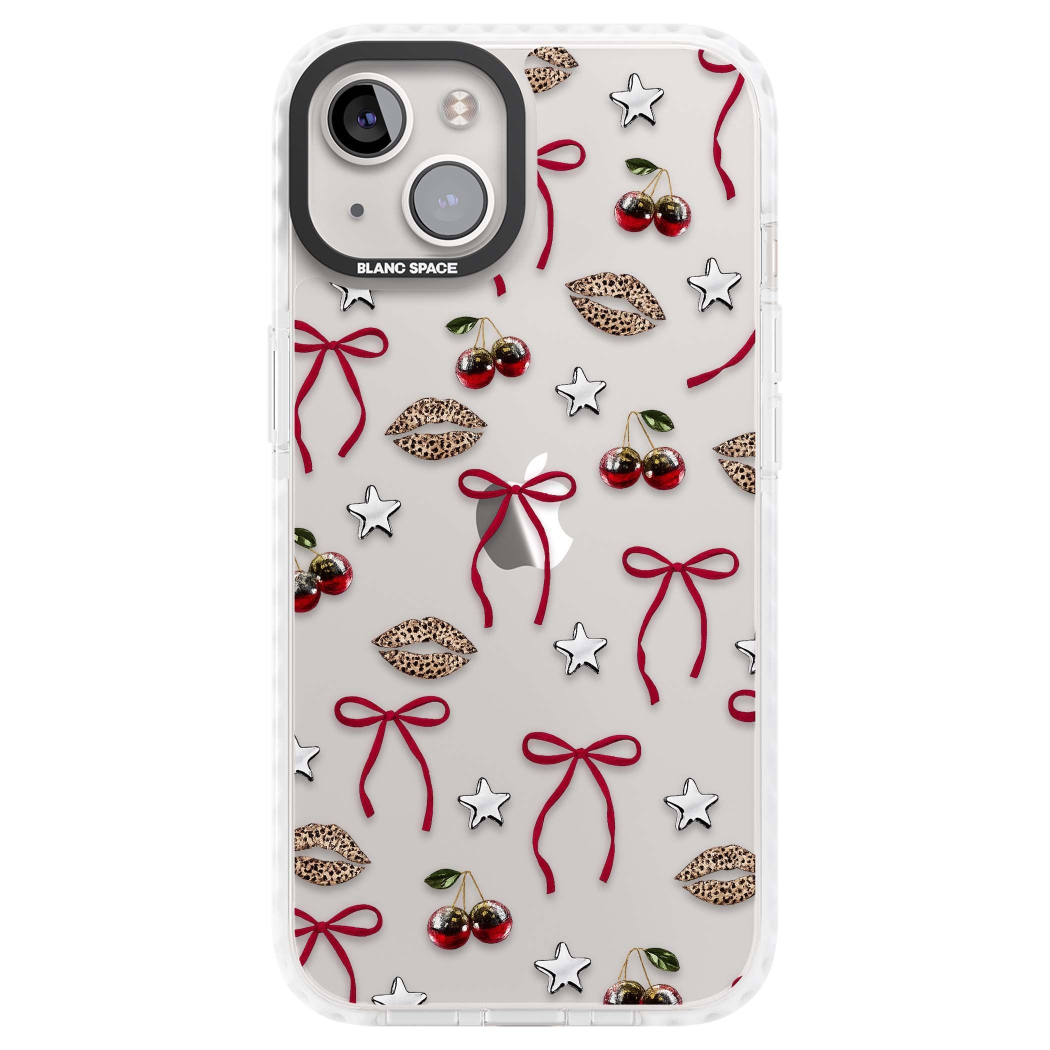 Starlet coquette iPhone case featuring red ribbon bows, disco cherries and leopard-print lips | Clear Impact case for iPhone 13, iPhone 14, iPhone 15