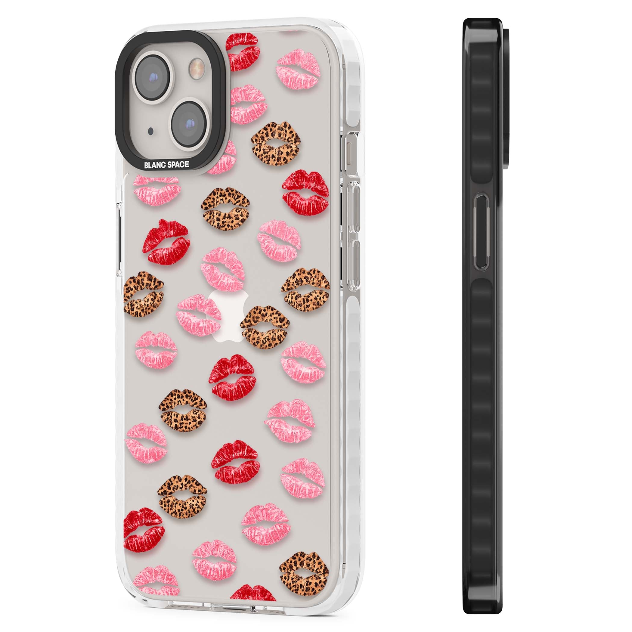 Wild Kisses coquette iPhone case featuring red, pink and leopard print lipstick kiss marks on a clear background | Clear Impact case for iPhone 13, iPhone 14, iPhone 15