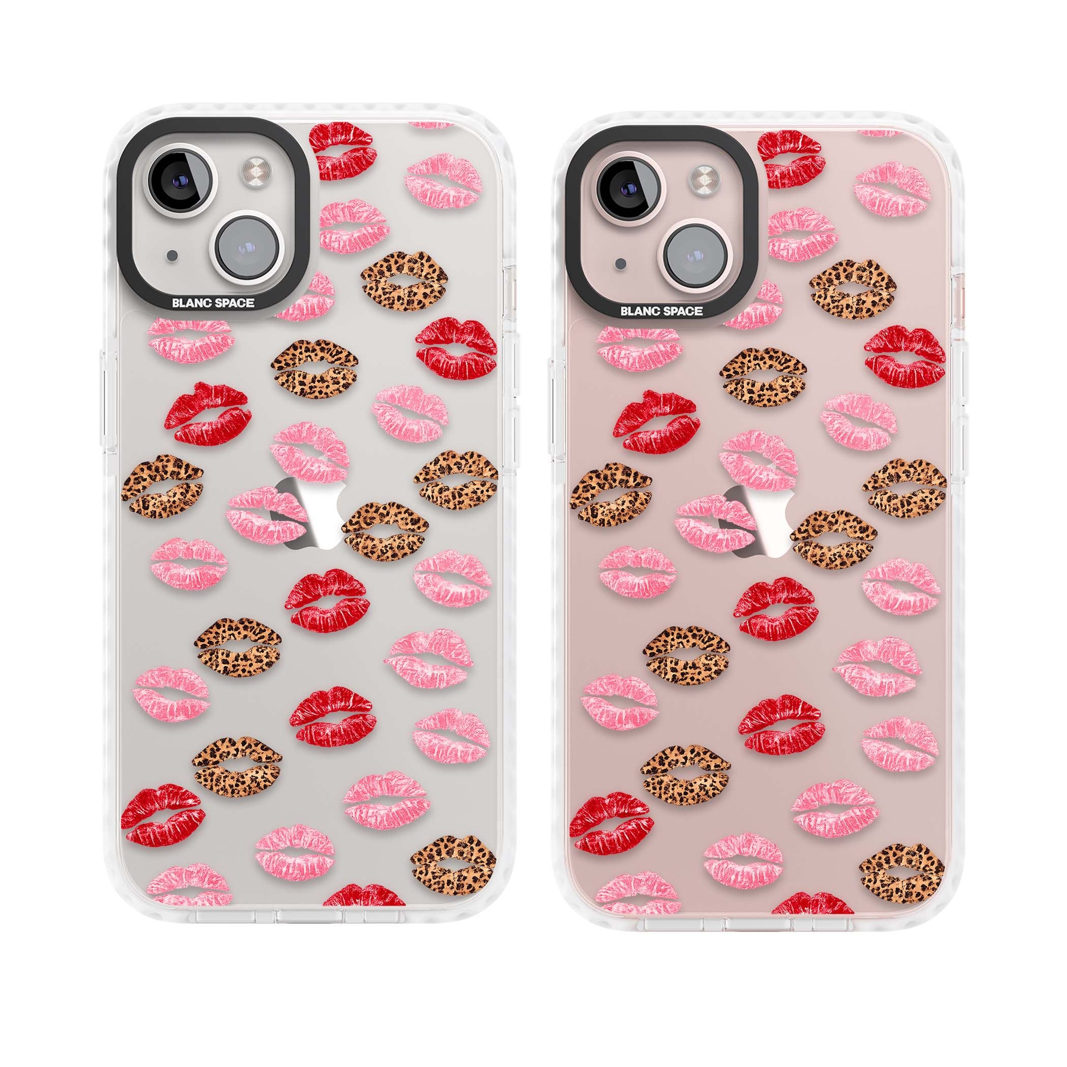 Wild Kisses coquette iPhone case featuring red, pink and leopard print lipstick kiss marks on a clear background | Clear Impact case for iPhone 13, iPhone 14, iPhone 15