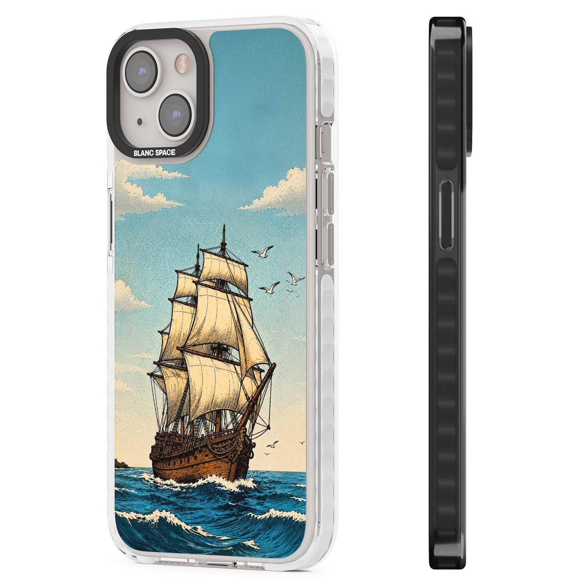 Ship at Sea nautical iPhone case featuring a vintage tall ship, ocean waves and seagulls | Clear Impact case for iPhone 13, iPhone 14, iPhone 15