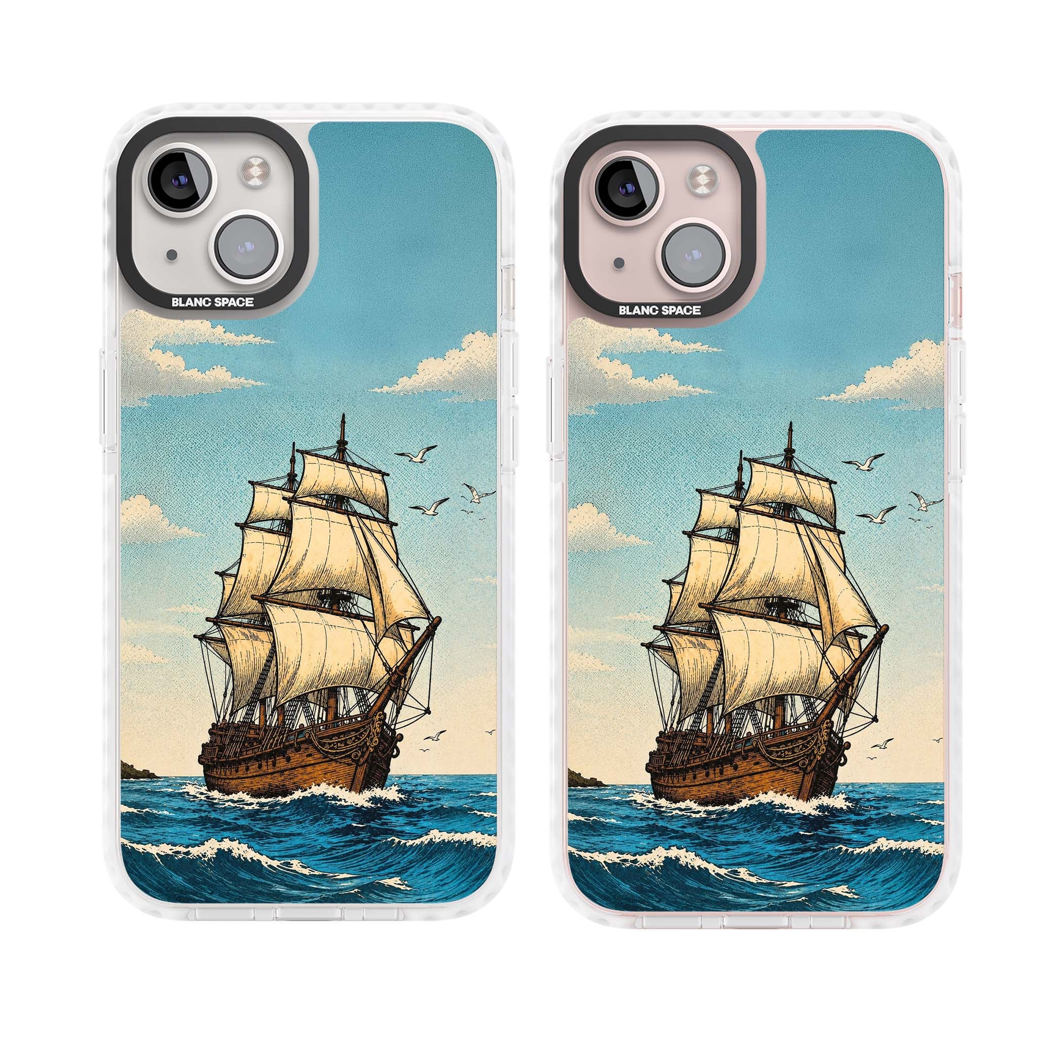 Ship at Sea nautical iPhone case featuring a vintage tall ship, ocean waves and seagulls | Clear Impact case for iPhone 13, iPhone 14, iPhone 15