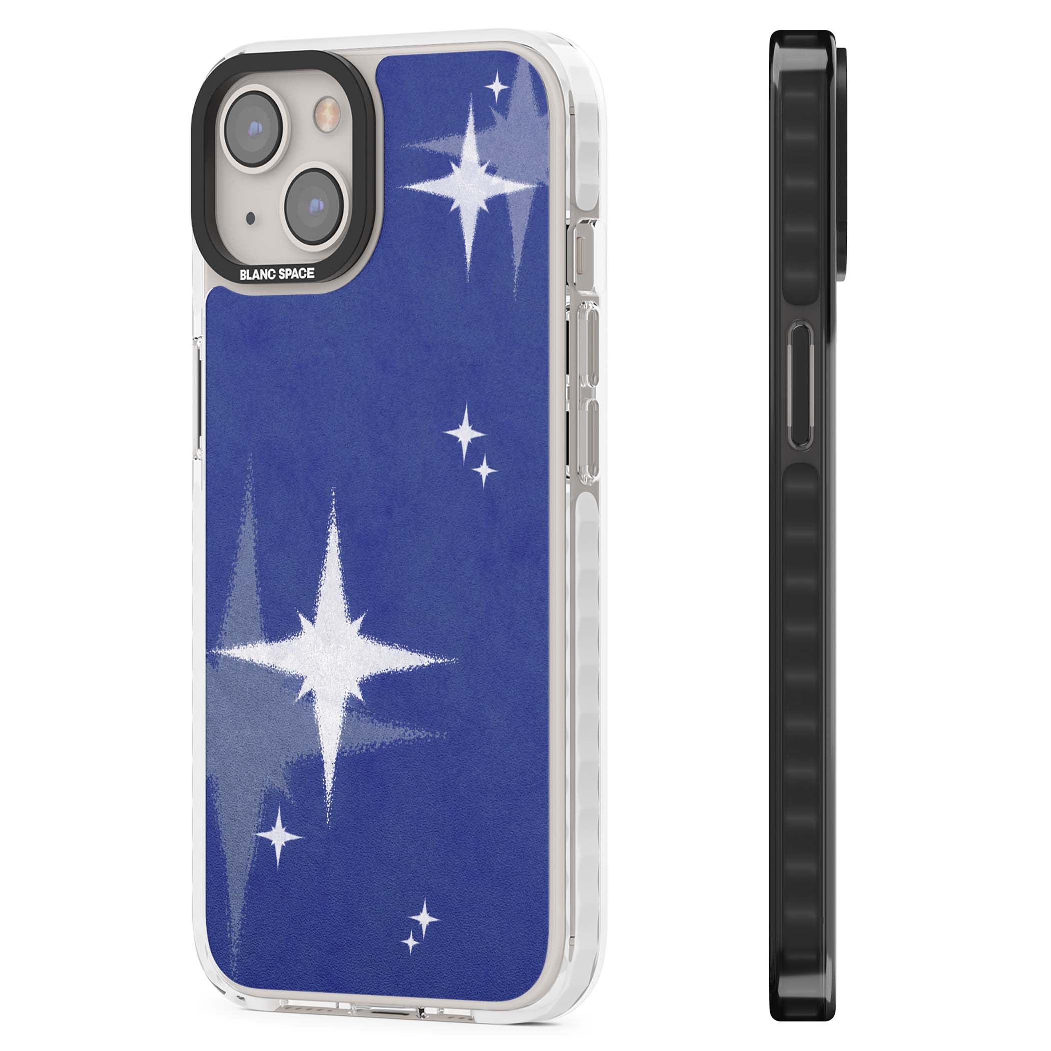 Blue Sparkle celestial iPhone case featuring sparkling silver stars on a deep blue painterly night sky | Clear Impact case for iPhone 13, iPhone 14, iPhone 15