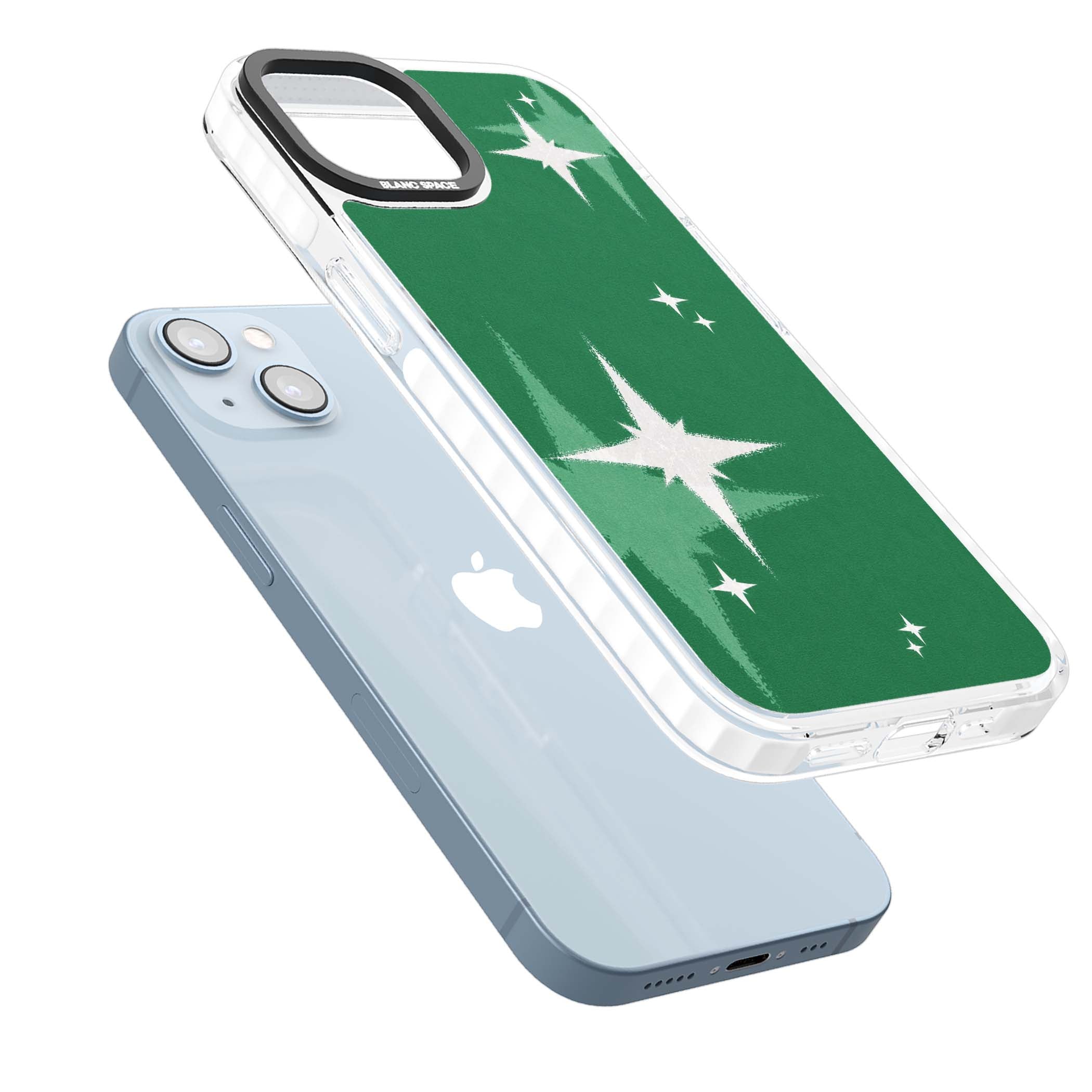 Green Sparkle celestial iPhone case featuring sparkling white four-point stars on a deep green background | Clear Impact case for iPhone 13, iPhone 14, iPhone 15