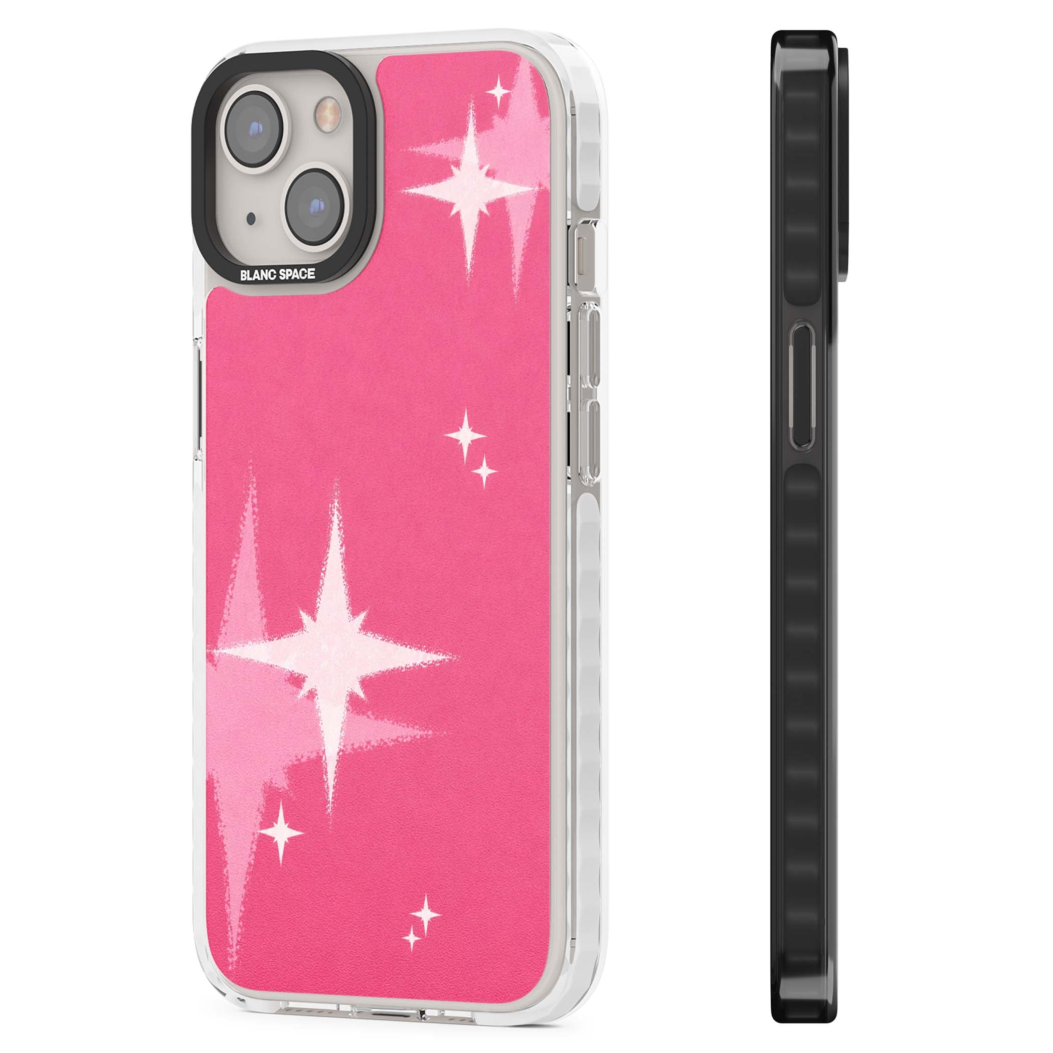 Pink Sparkle Y2K iPhone case featuring hot pink background with shimmering white starburst pattern | Clear Impact case for iPhone 13, iPhone 14, iPhone 15