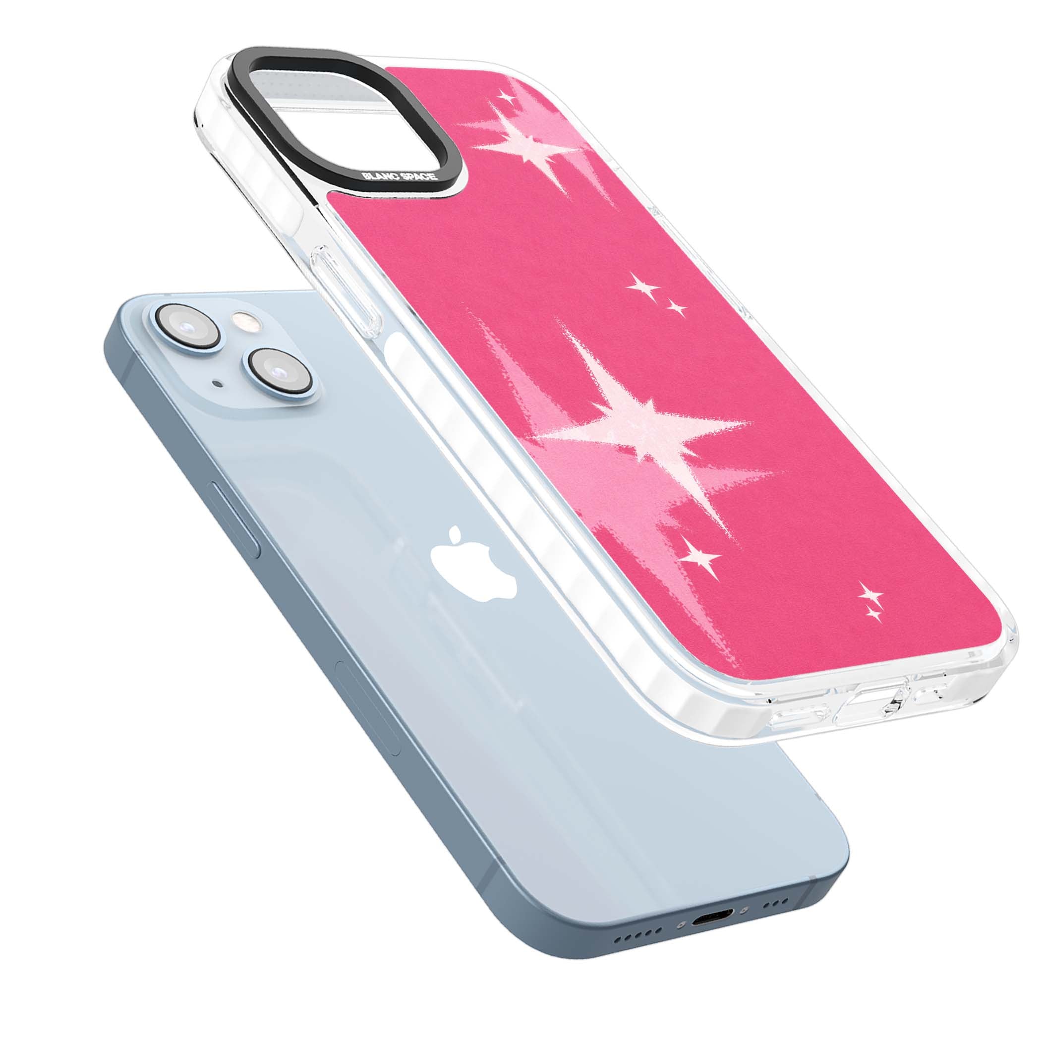 Pink Sparkle Y2K iPhone case featuring hot pink background with shimmering white starburst pattern | Clear Impact case for iPhone 13, iPhone 14, iPhone 15