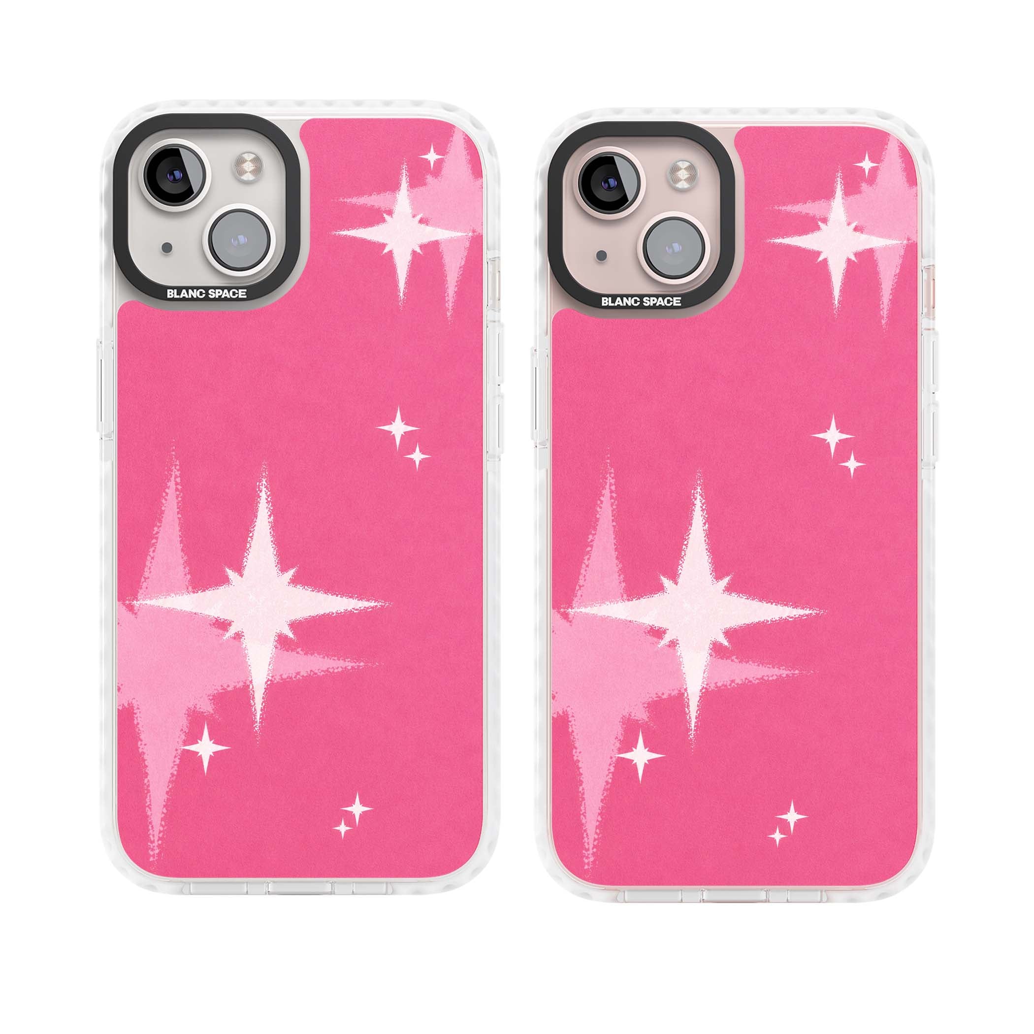 Pink Sparkle Y2K iPhone case featuring hot pink background with shimmering white starburst pattern | Clear Impact case for iPhone 13, iPhone 14, iPhone 15