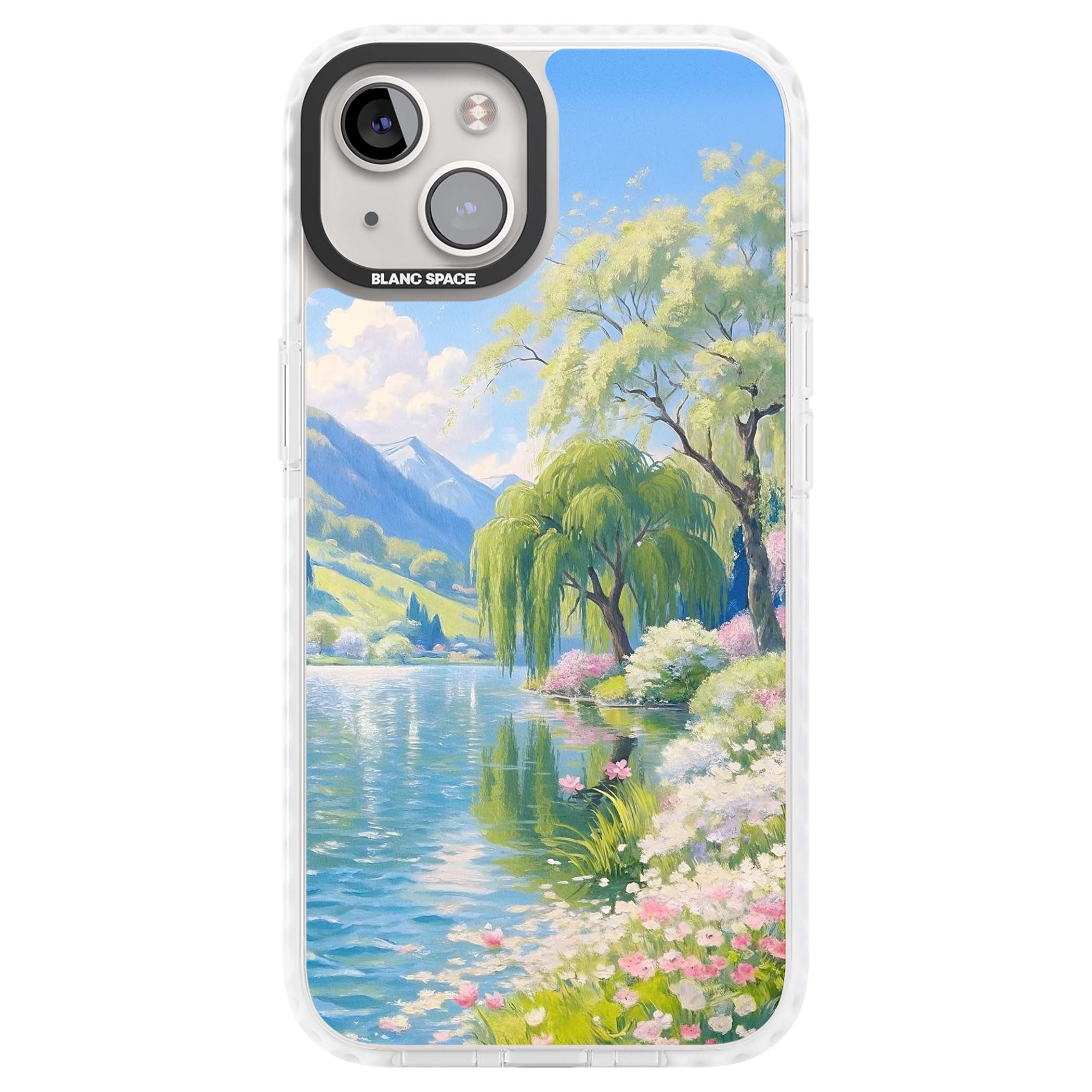 Willow Lake cottagecore iPhone case featuring a painted lakeside with weeping willow, blossoms and distant mountains | Clear Impact case for iPhone 13, iPhone 14, iPhone 15
