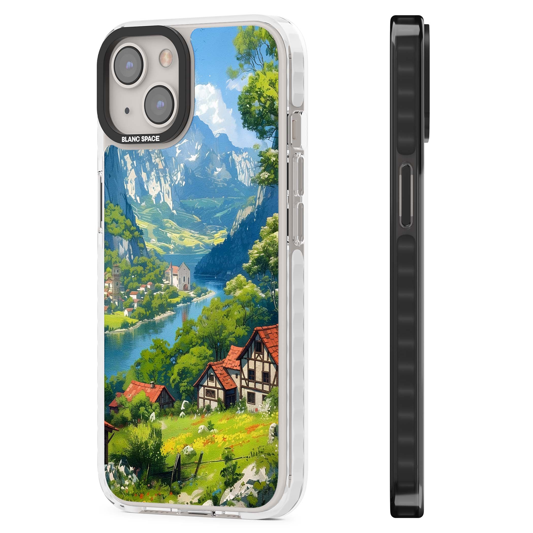 Village In The Valley anime iPhone case featuring a painted mountain village, river valley and half-timbered cottages. | Clear Impact case for iPhone 13, iPhone 14, iPhone 15