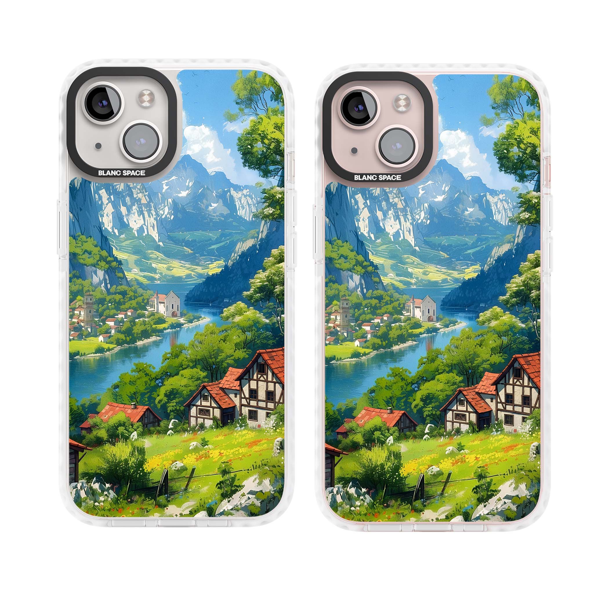 Village In The Valley anime iPhone case featuring a painted mountain village, river valley and half-timbered cottages. | Clear Impact case for iPhone 13, iPhone 14, iPhone 15