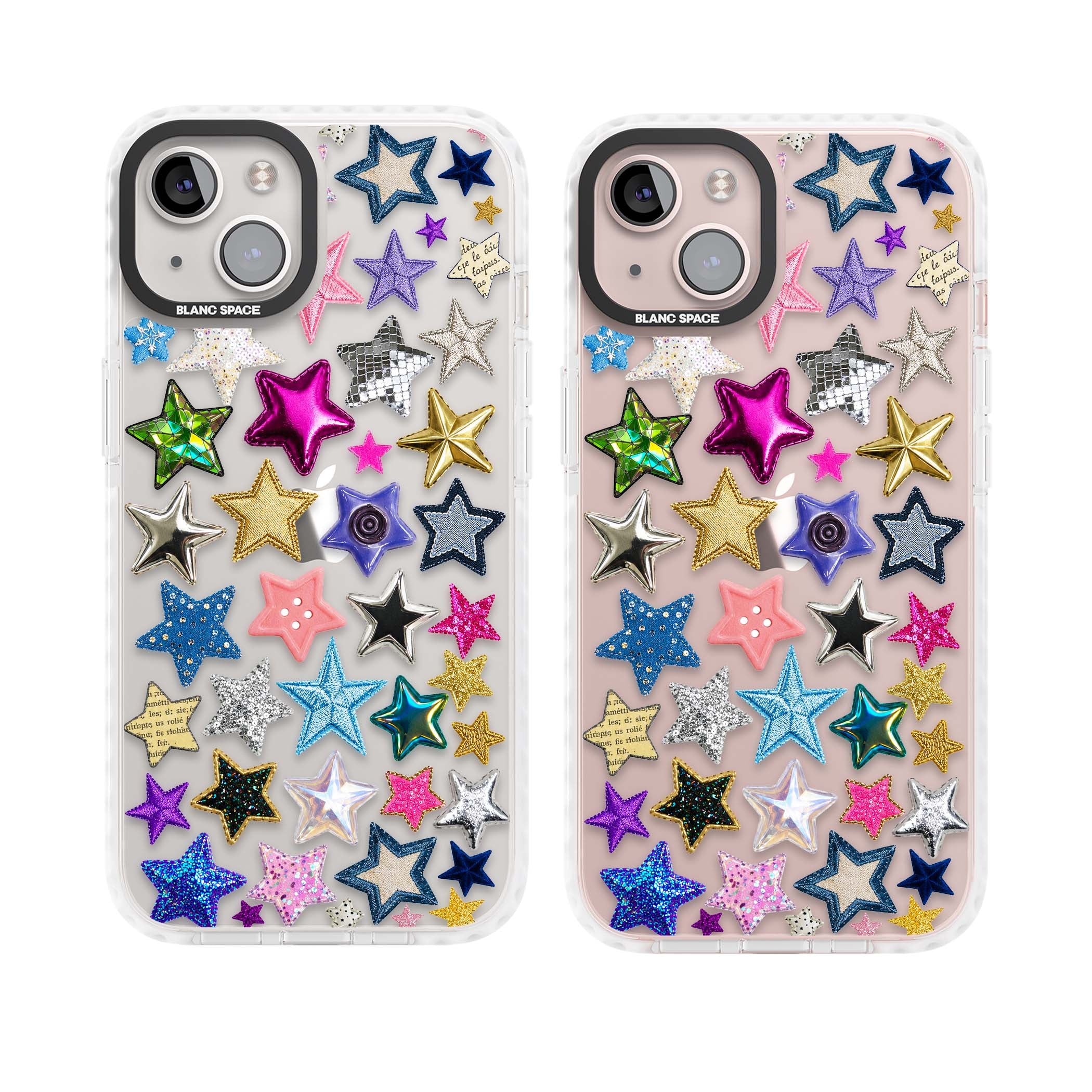 Crafty Star Mix Y2K iPhone case featuring embroidered, sequinned and glitter star patches in rainbow colours | Clear Impact case for iPhone 13, iPhone 14, iPhone 15